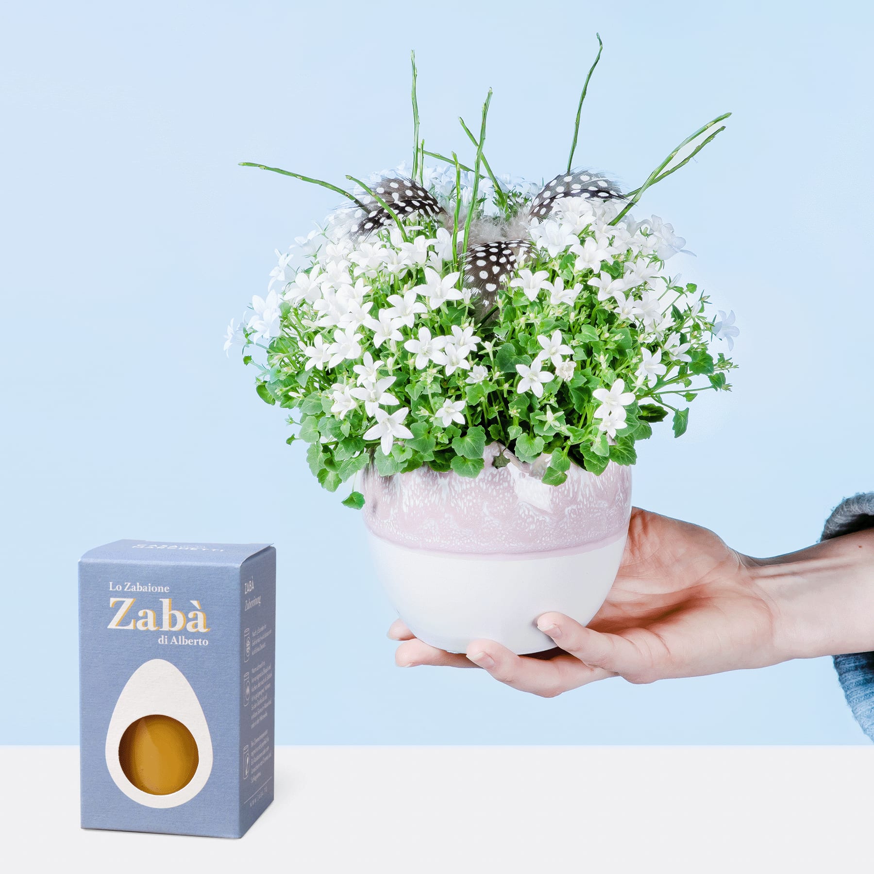 Eine Hand hält einen Strauß weißer Blumen und Grünpflanzen, im Vordergrund ist vor einem hellblauen Hintergrund eine Schachtel Zaba-Schokolade zu sehen.