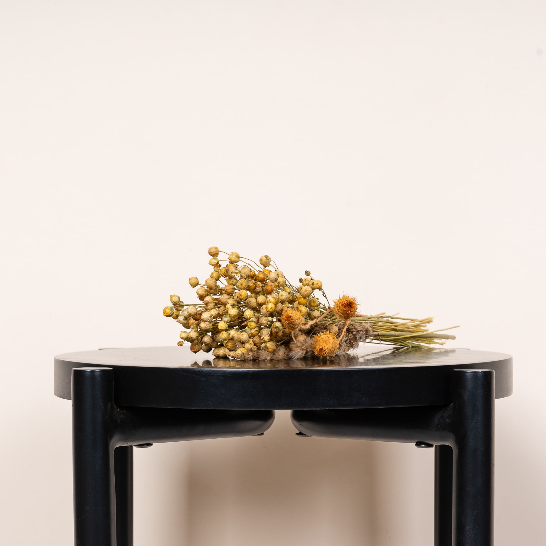 Ein Strauß getrockneter gelber Blumen liegt auf einer schwarzen Holzoberfläche vor einem schlichten, hellen Hintergrund.