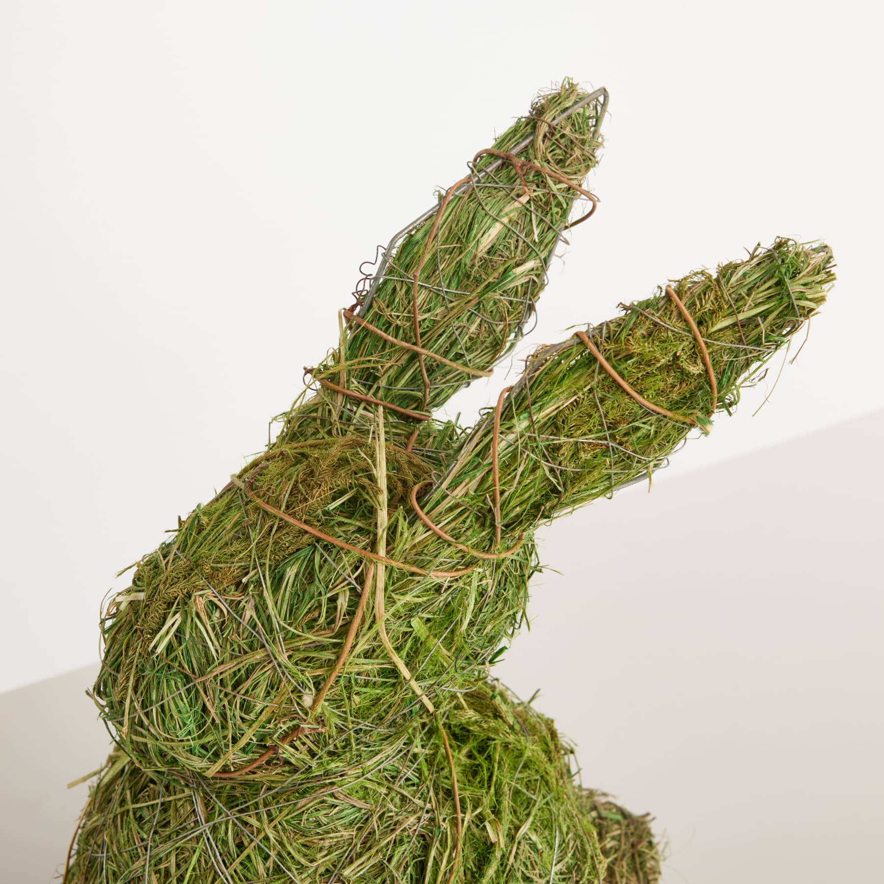 Eine gewebte Grasskulptur in Form eines Kaninchens mit komplizierten Details und Texturen vor einem schlichten weißen Hintergrund.