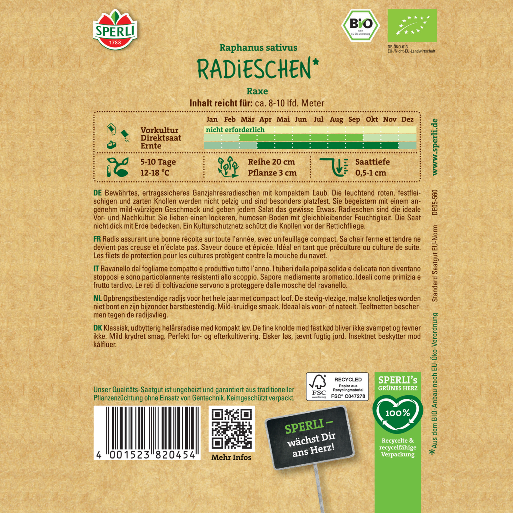 Das Bild zeigt eine Packung Bio-Radieschen, auf der Informationen zu Inhaltsstoffen, Anbau und Zertifizierungen des Produkts gut sichtbar angebracht sind.