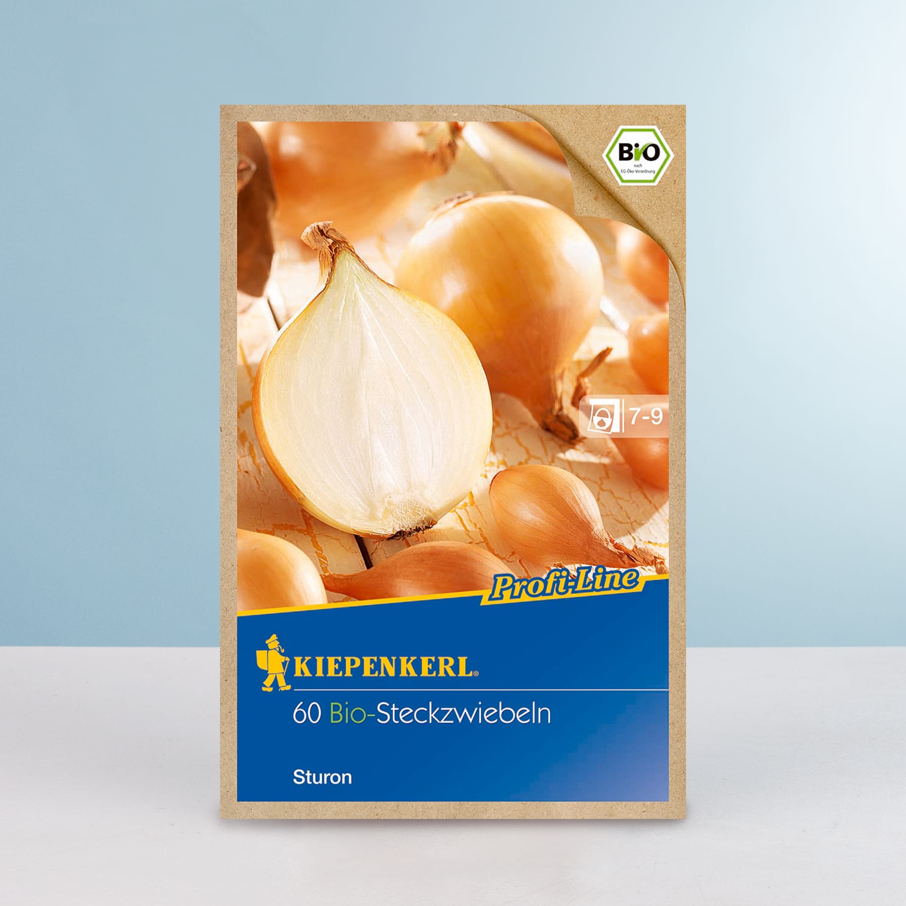 Das Bild zeigt eine Packung Bio-Steckzwiebeln, im Vordergrund ist vor einem hellblauen Hintergrund eine Nahaufnahme mehrerer Zwiebeln zu sehen.