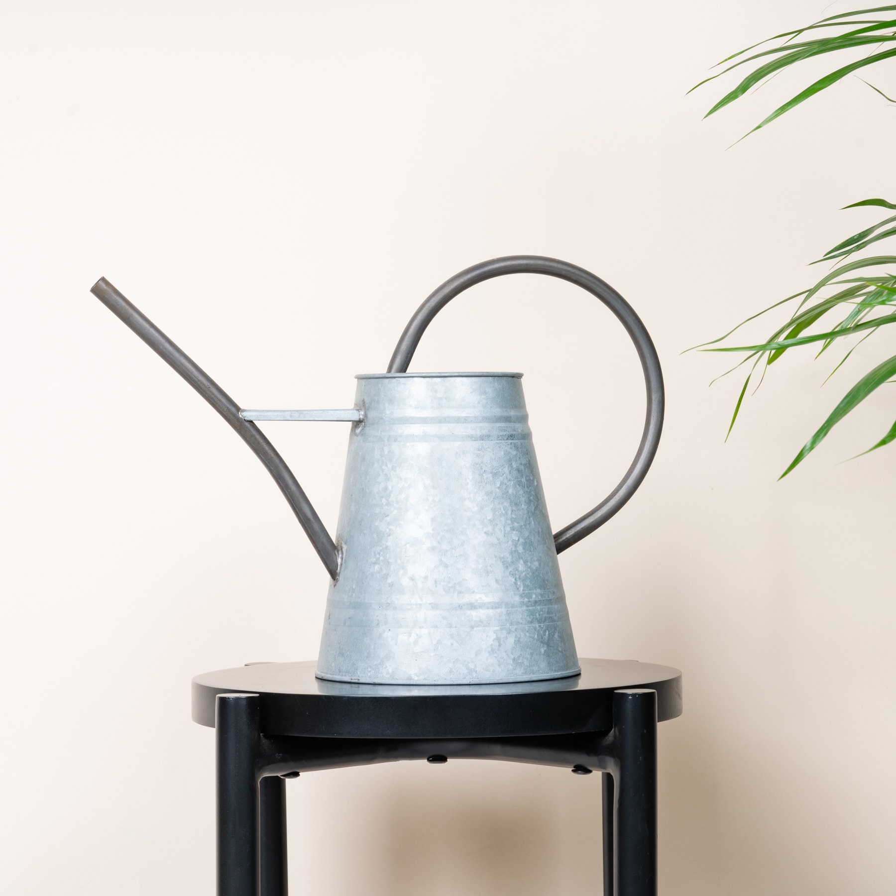 Eine Gießkanne aus verzinktem Metall steht auf einem schwarzen Metallständer, im Hintergrund ist eine Topfpflanze zu sehen.