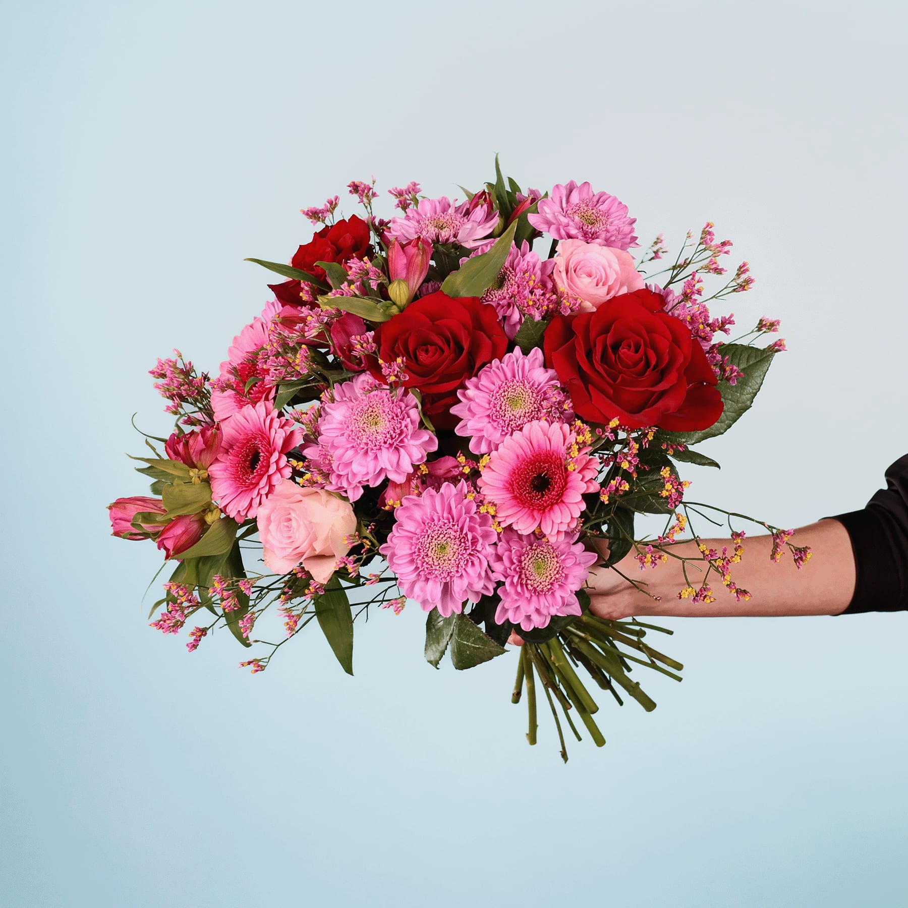 Ein leuchtender Strauß roter Rosen, rosa Gerbera und anderer bunter Blumen, den eine Person vor einem schlichten blauen Hintergrund in den Händen hält.