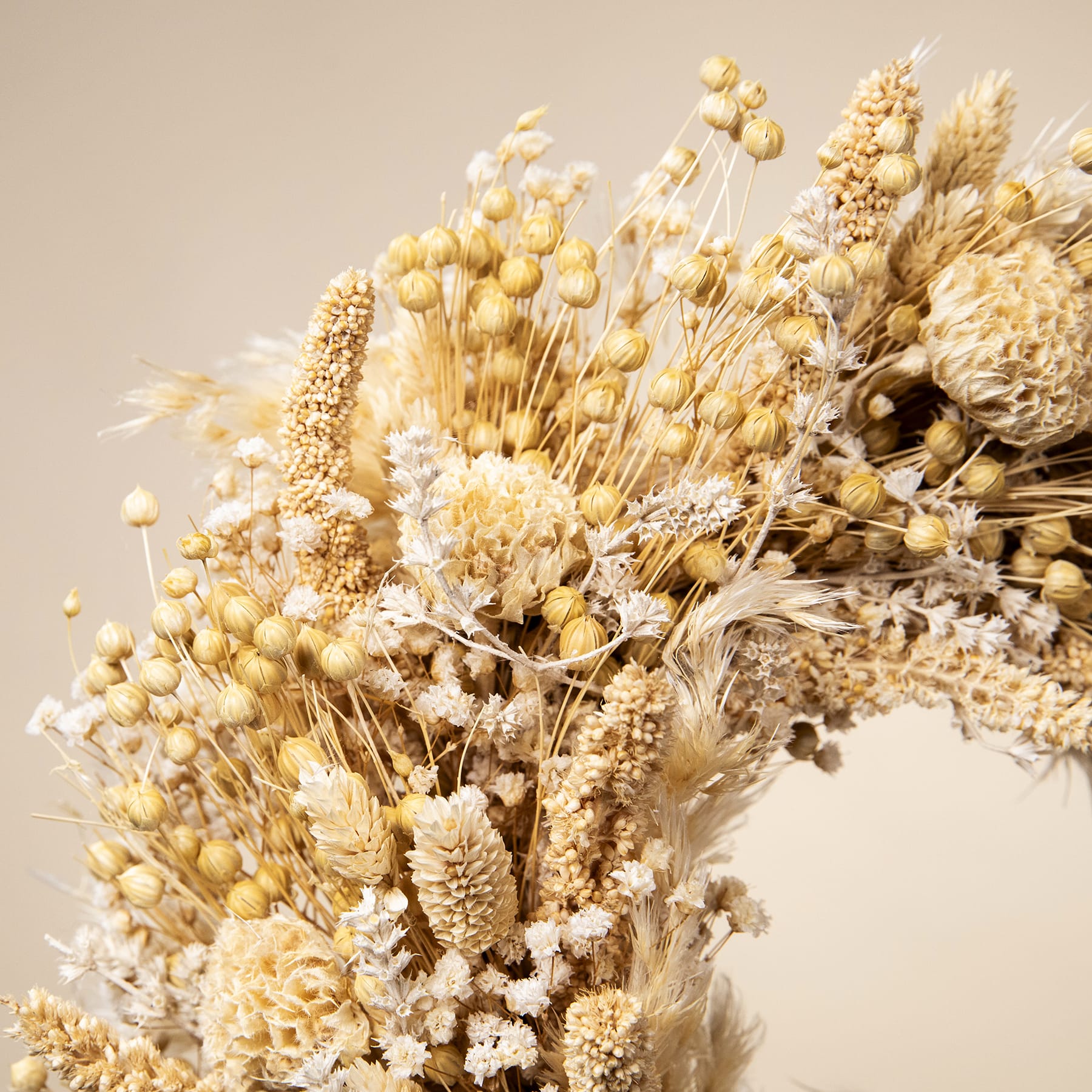 Ein lebendiger Strauß getrockneter Blumen und Pflanzen in Beige-, Gelb- und Weißtönen, der vor einem neutralen Hintergrund eine warme und natürliche Komposition bildet.