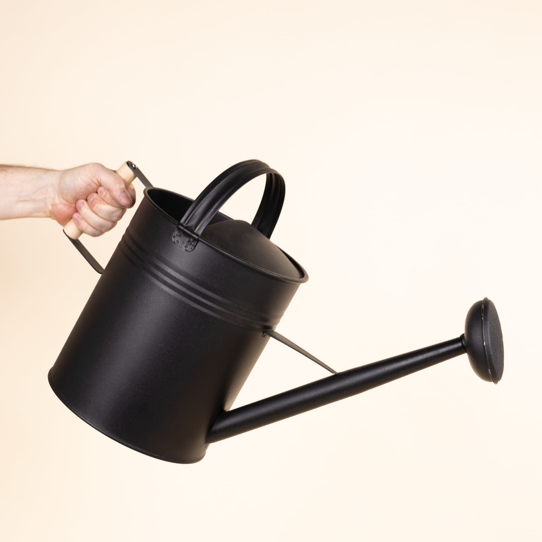 Eine schwarze Gießkanne aus Metall wird von einer Hand gehalten, auf einem schlichten beigen Hintergrund.