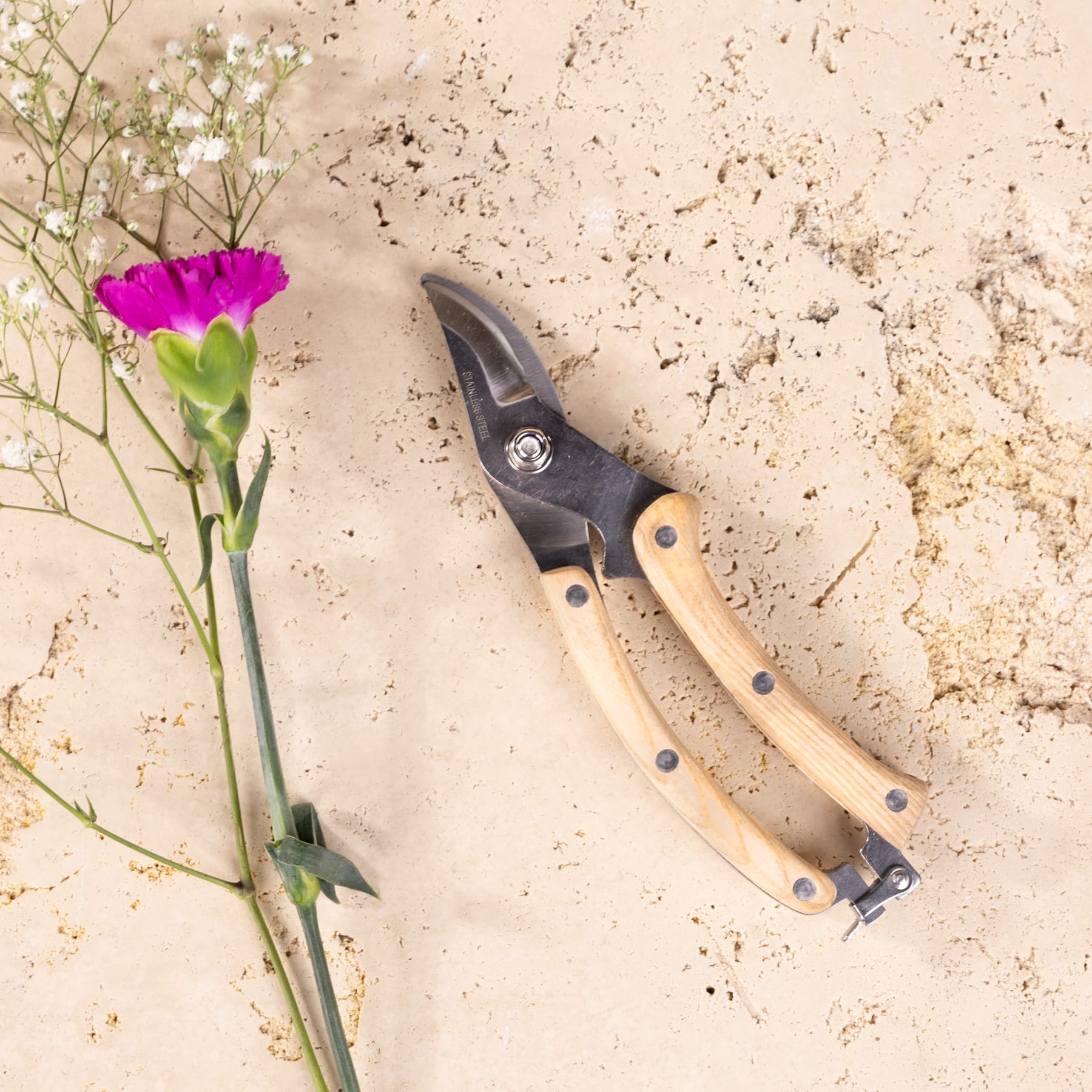 Auf einer hellen Oberfläche liegt eine Gartenschere, begleitet von einer leuchtend rosa Blume mit grünen Stielen.