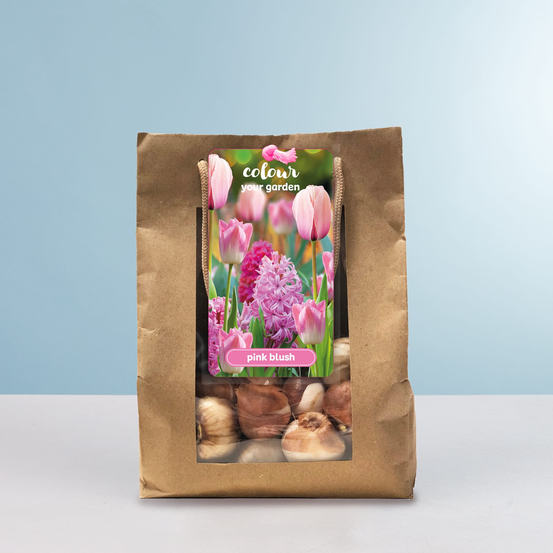 Eine Papiertüte mit Tulpenzwiebeln und einem Etikett, auf dem die Blumensorte „Pink Blush“ auf hellblauem Hintergrund abgebildet ist.