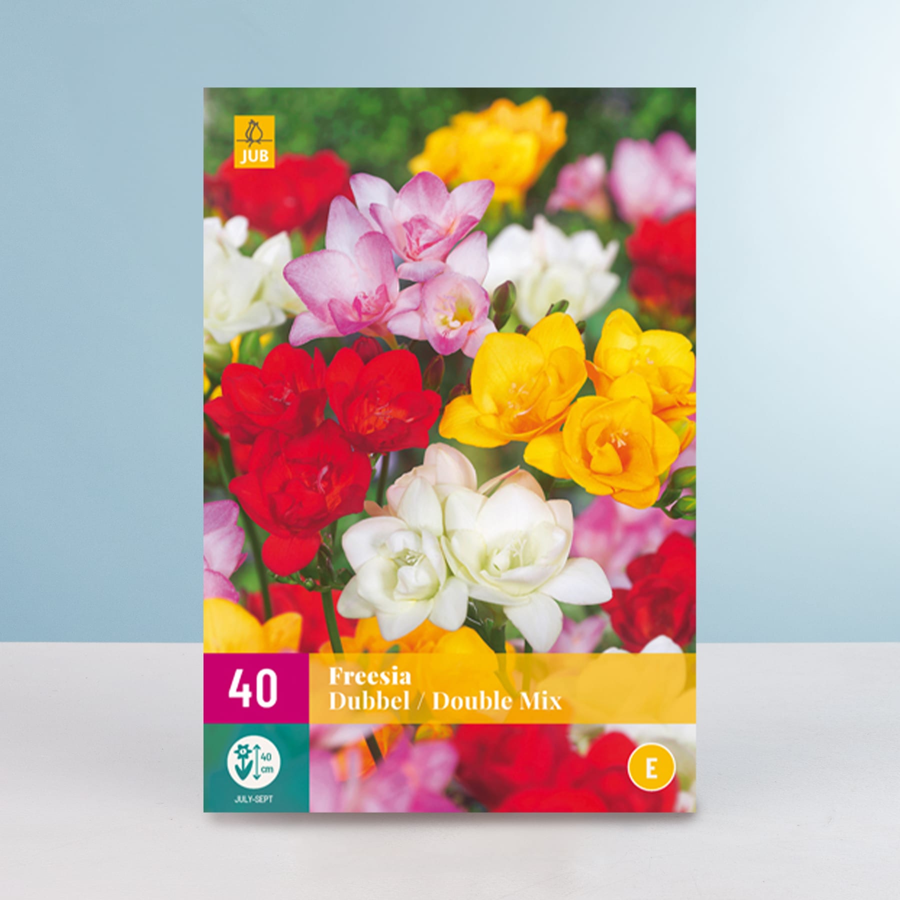 Eine lebendige Palette farbenfroher Freesienblüten, darunter rote, gelbe und rosa Sorten, vor einem verschwommenen grünen und blauen Hintergrund.