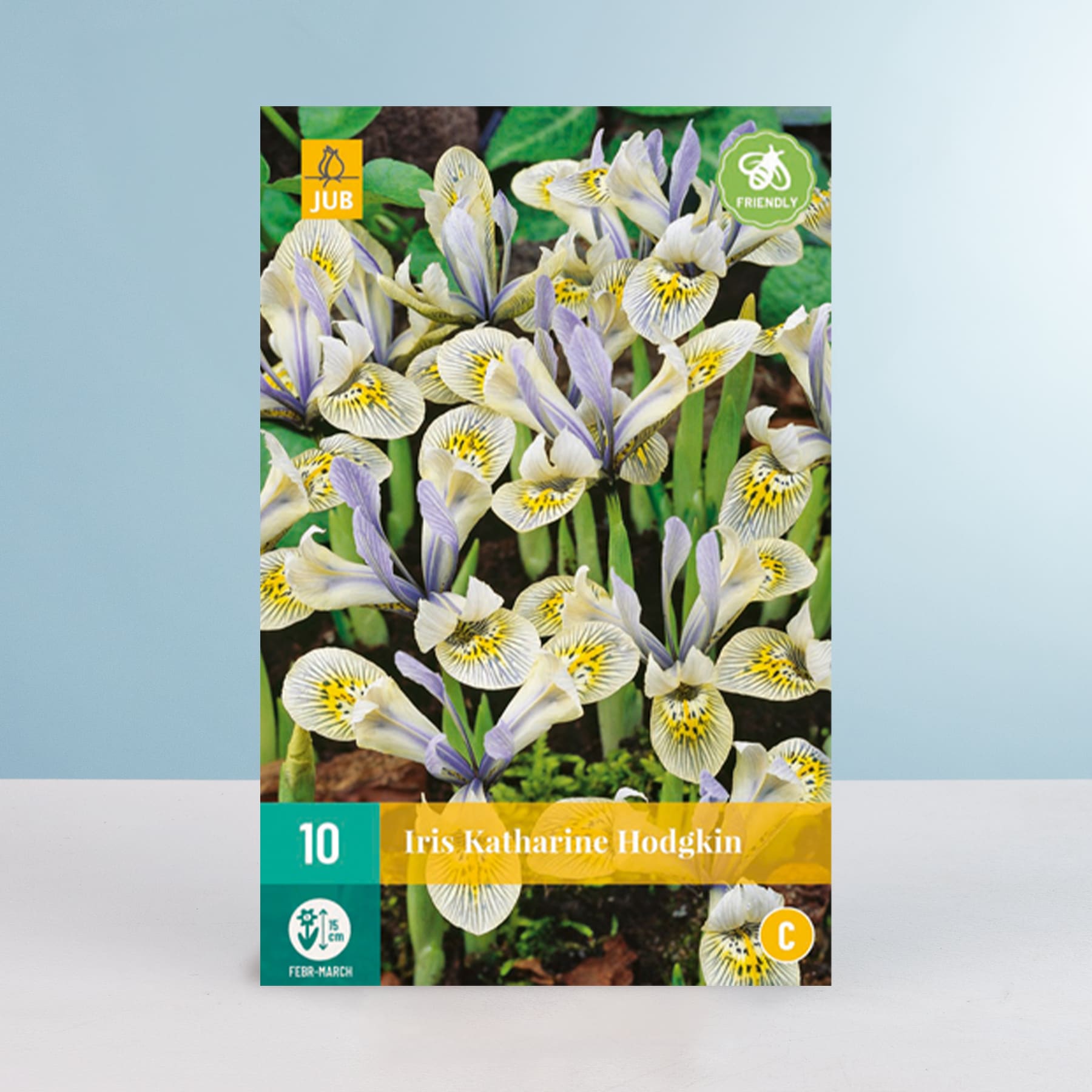 Das Bild zeigt eine Packung Iris-Katharine-Hodgkin-Blumenzwiebeln, wobei die Blüten in voller Blüte vor einem grün-blauen Hintergrund abgebildet sind.