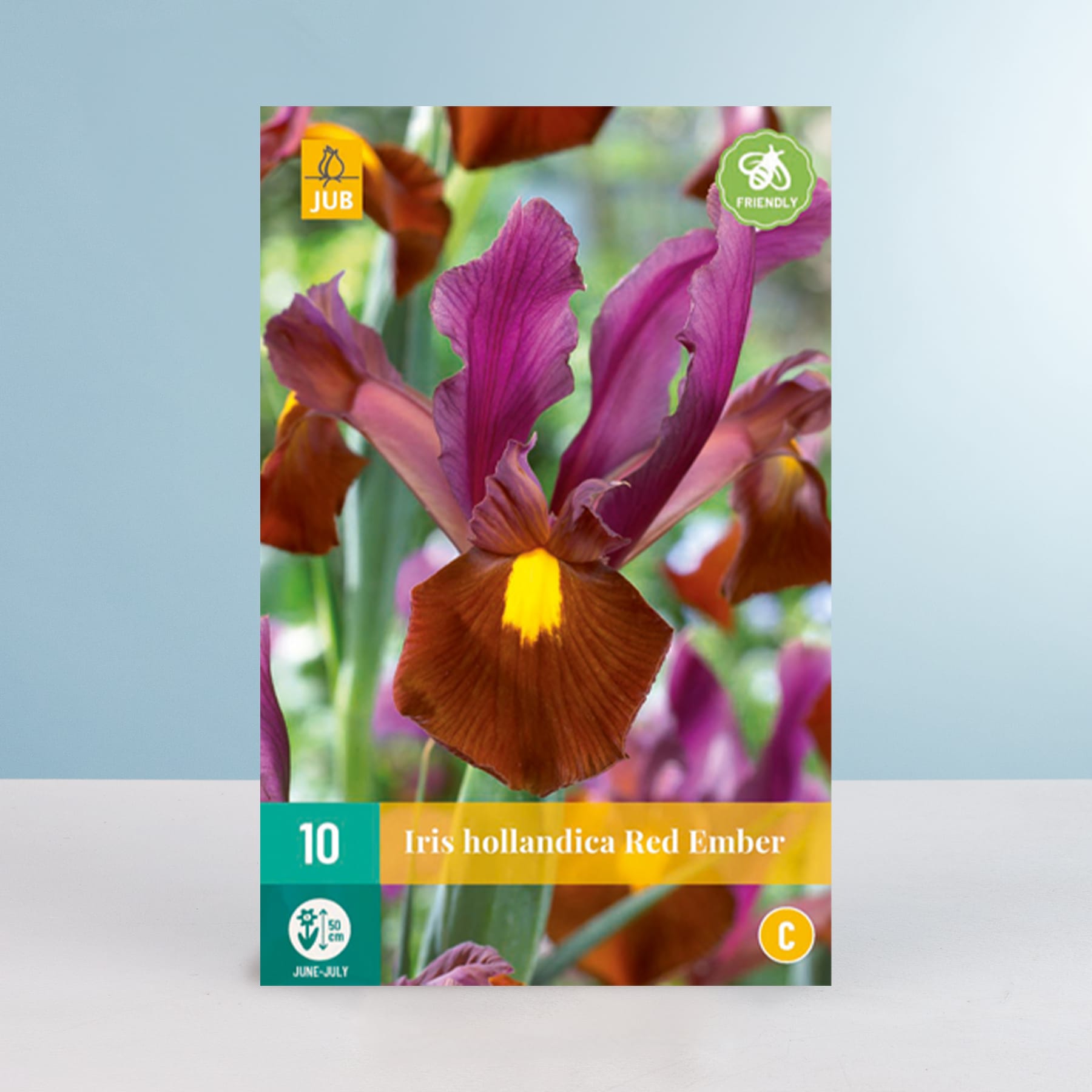 Das Bild zeigt eine leuchtend rot-orange Irisblüte mit auffälligen Blütenblättern und einer gelben Mitte vor einem unscharfen, natürlichen Hintergrund.