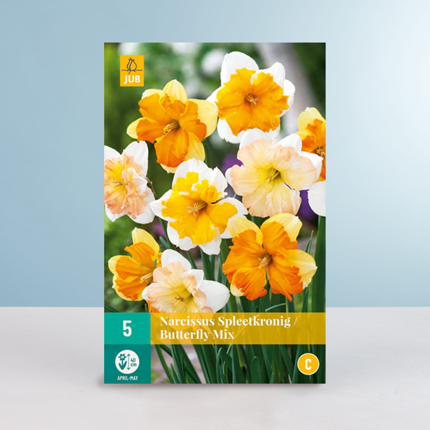 Leuchtend gelbe und weiße Narzissenblüten blühen vor einem verschwommenen grünen Hintergrund und schaffen eine fröhliche und heitere Szene.