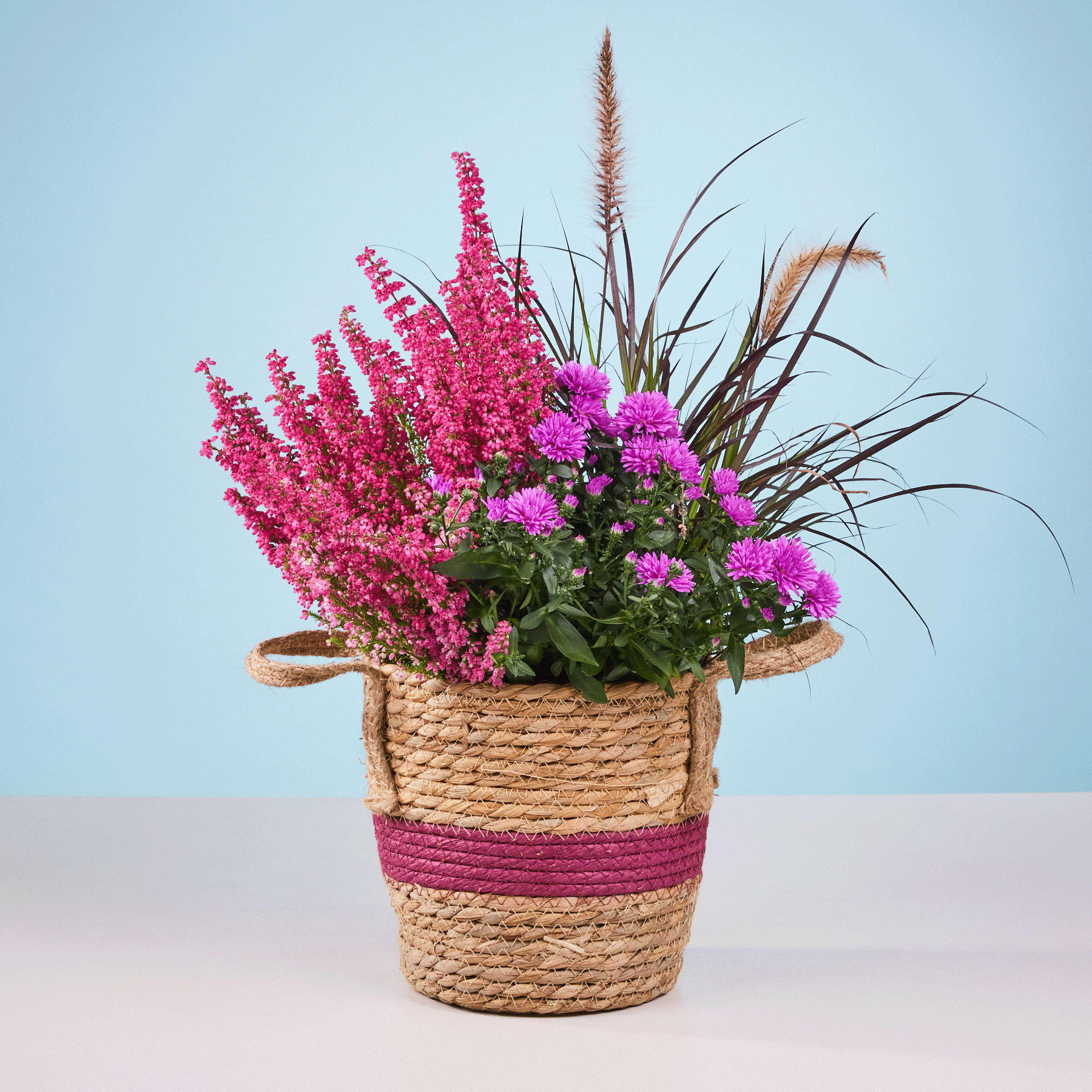 Ein geflochtener Korb voller leuchtend rosa und violetter Blumen vor einem hellblauen Hintergrund.
