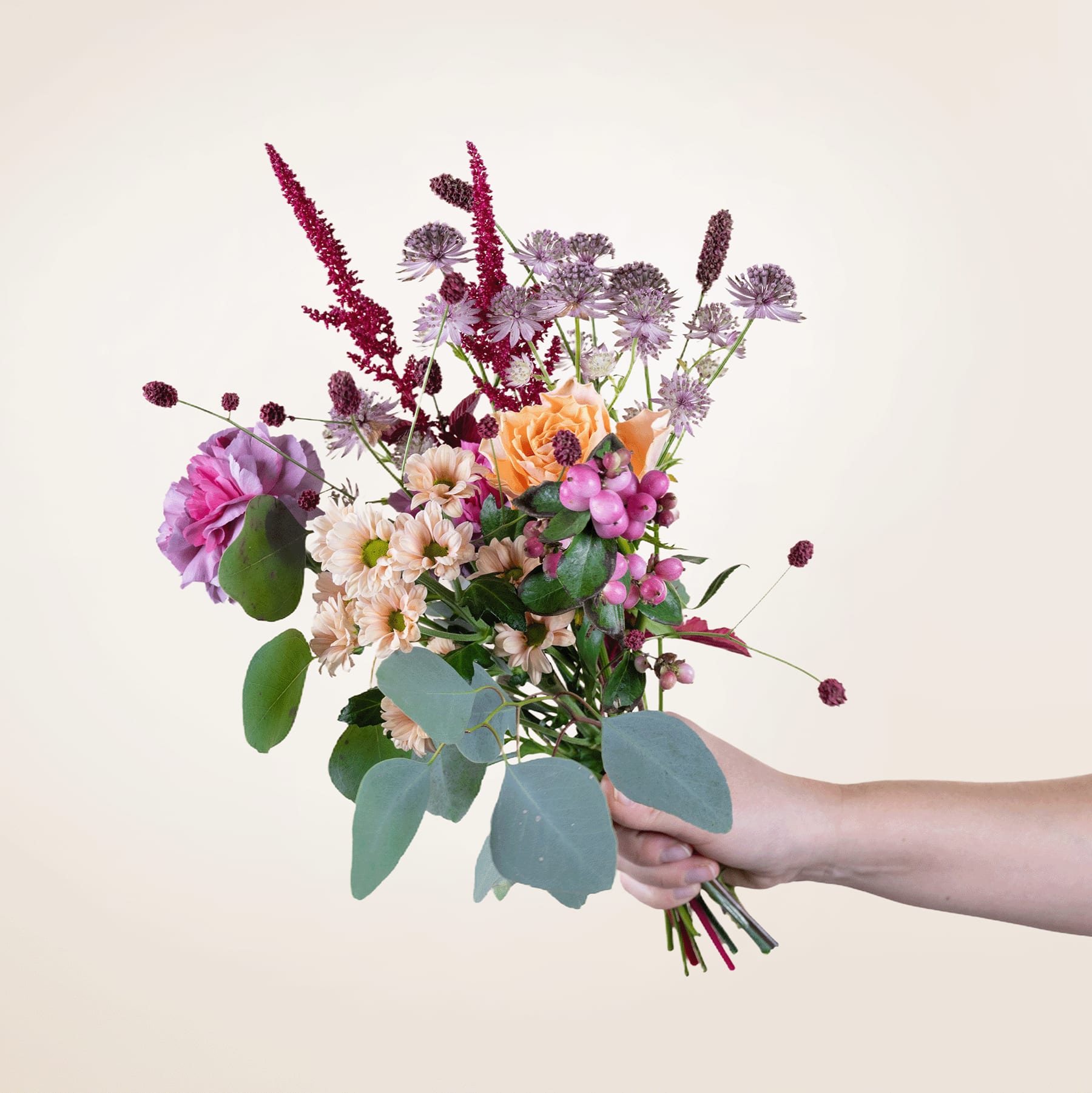 Ein leuchtender Strauß bunter Blumen, darunter rosa Pfingstrosen, violette Strandflieder und weiße Gänseblümchen, wird vor einem schlichten, hellen Hintergrund in den Händen einer Person gehalten.