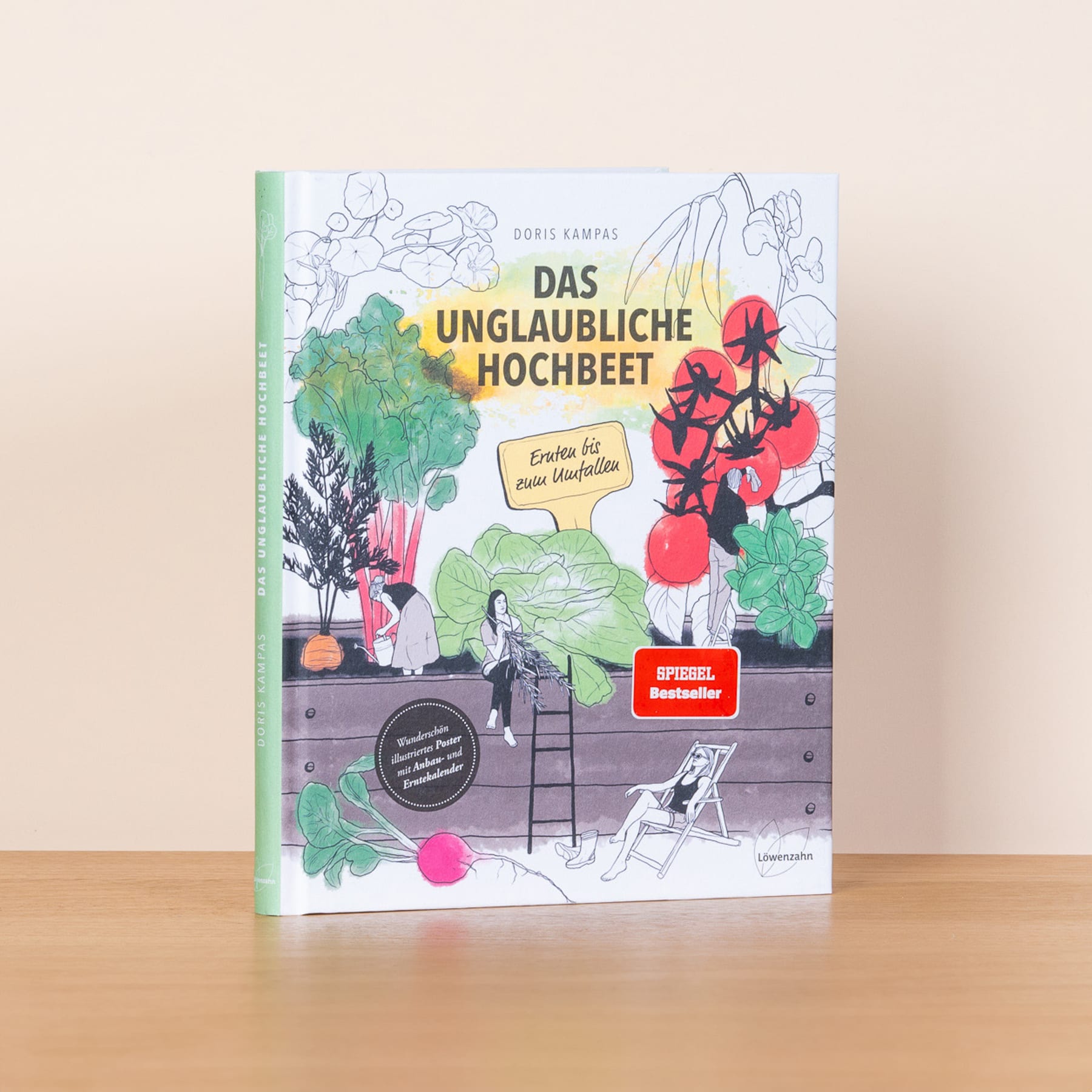 Das Buchcover zeigt eine farbenfrohe Illustration einer Gartenszene mit verschiedenen Pflanzen, Blumen und einer Person auf einer Leiter, die sich um die Pflanzen kümmert. Der Hintergrund scheint eine Holzoberfläche zu sein, möglicherweise ein Tisch oder ein Regal.