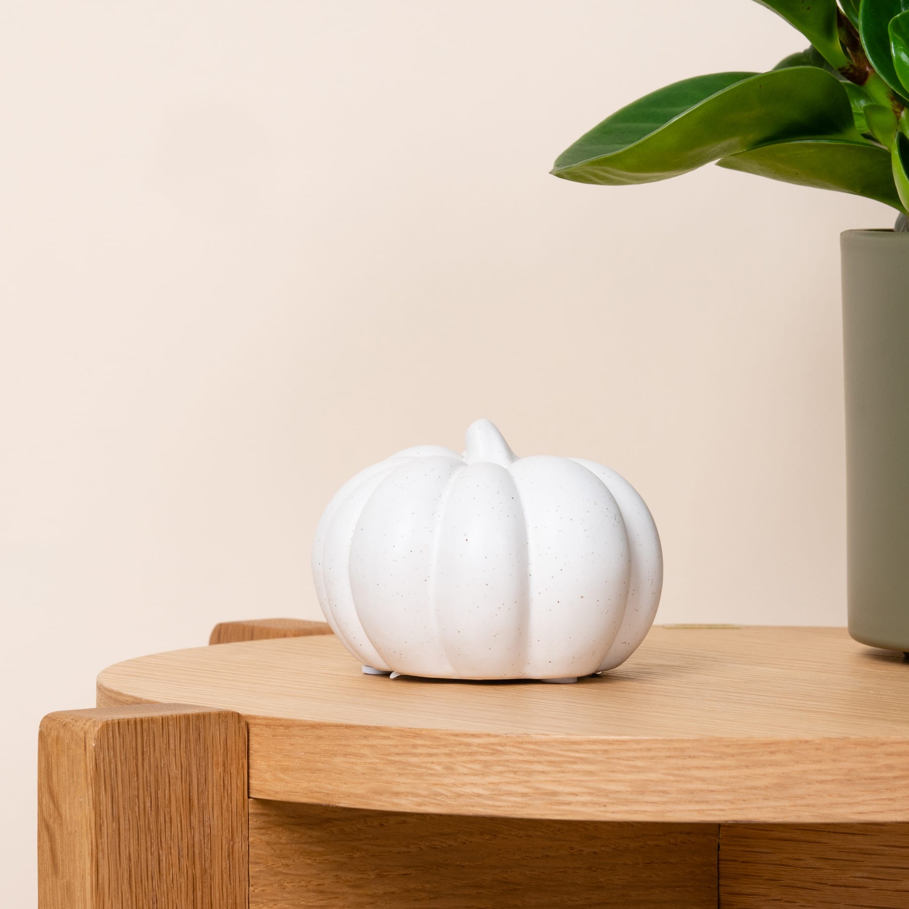 Auf einem Holztisch steht ein weißes, kürbisförmiges Keramikobjekt, im Hintergrund eine Topfpflanze.