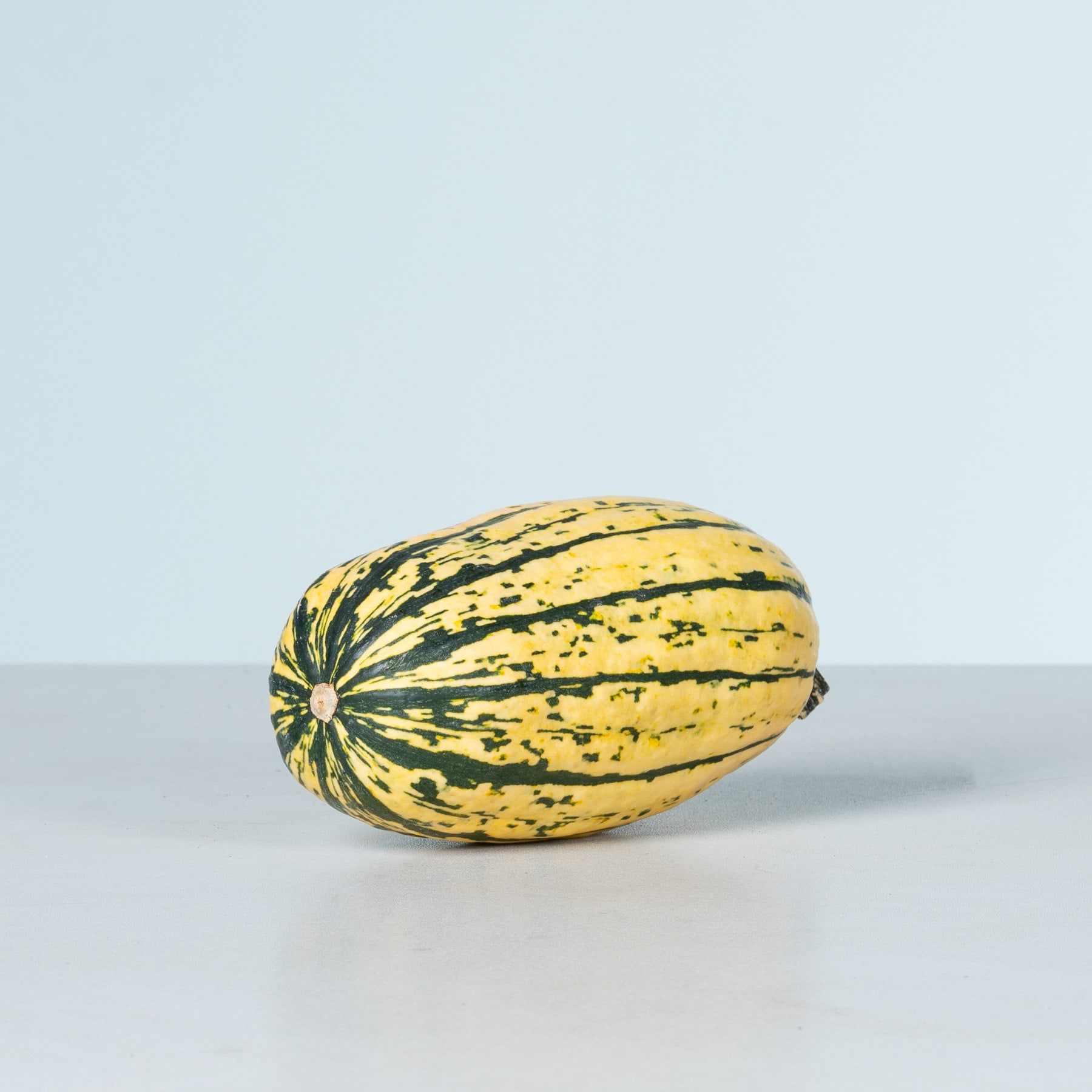 Ein gelb und grün gestreifter Kürbis oder Squash liegt auf einer schlichten, hellen Oberfläche vor einem hellblauen Hintergrund.