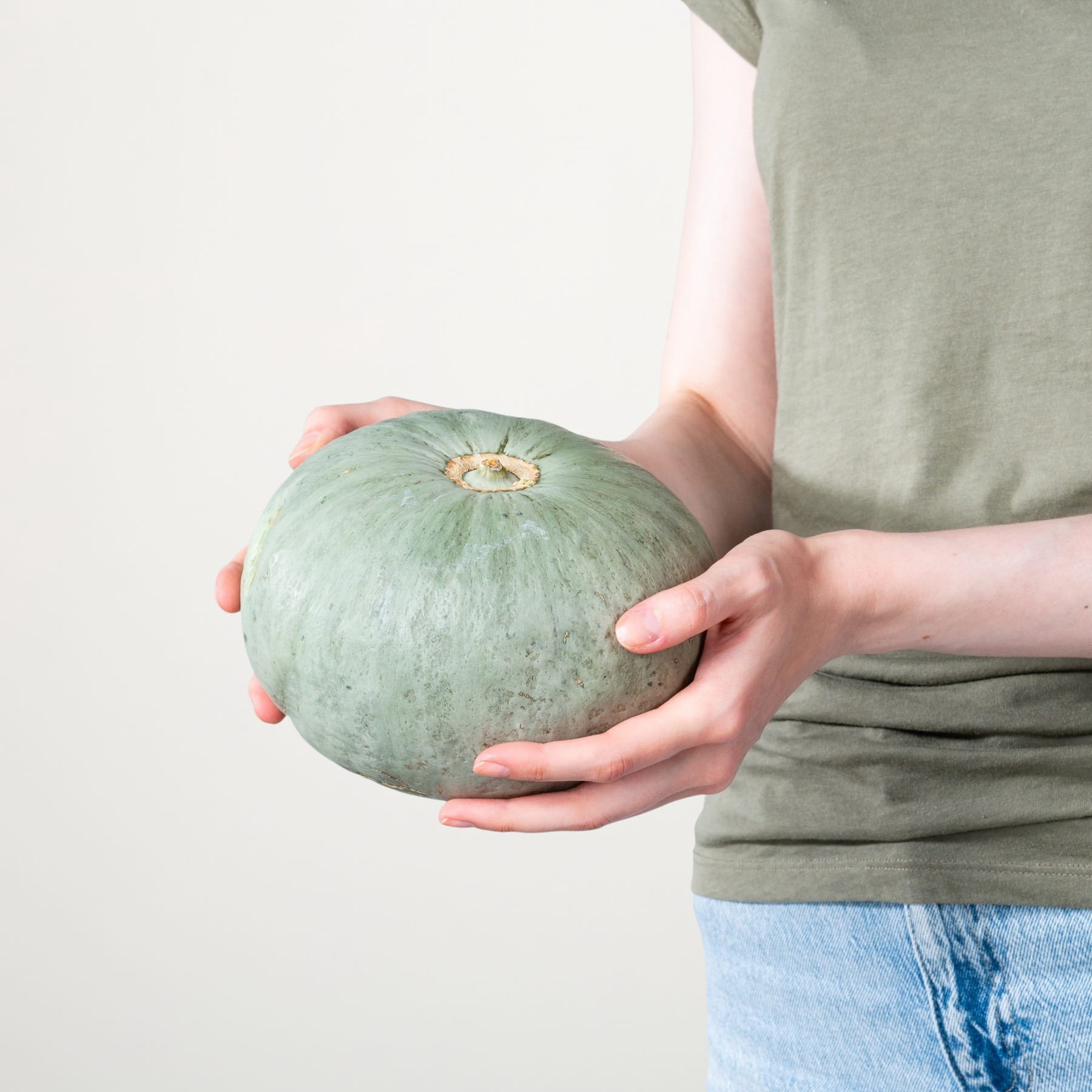 Die Hände einer Person halten einen großen, runden, hellgrünen Kürbis oder eine Melone vor einem schlichten weißen Hintergrund.