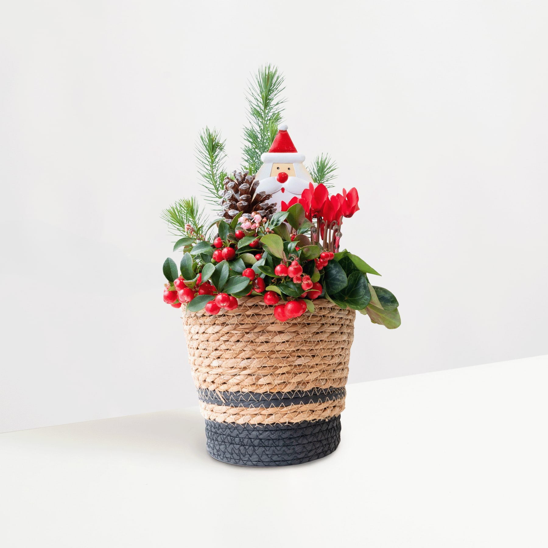 Ein festliches Weihnachtsarrangement in einem geflochtenen Korb mit einer kleinen Weihnachtsmannfigur, Tannenzweigen, roten Beeren und anderen saisonalen Dekorationselementen vor einem schlichten weißen Hintergrund.