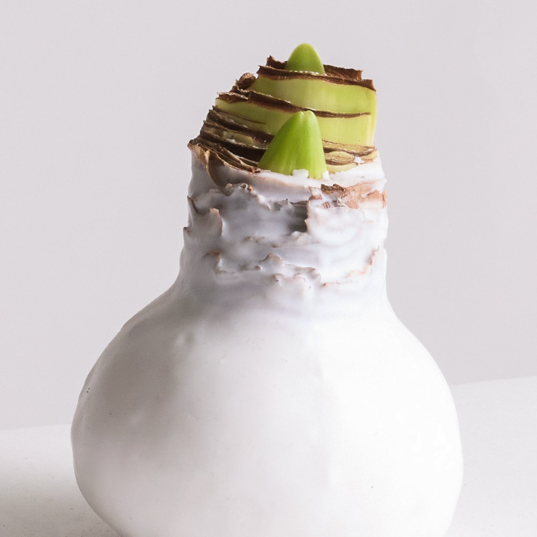 Ein weißes Keramikgefäß mit einem luftigen weißen Deckel, verziert mit Scheiben grüner Früchte und Schokoladenraspeln, vor einem schlichten Hintergrund.