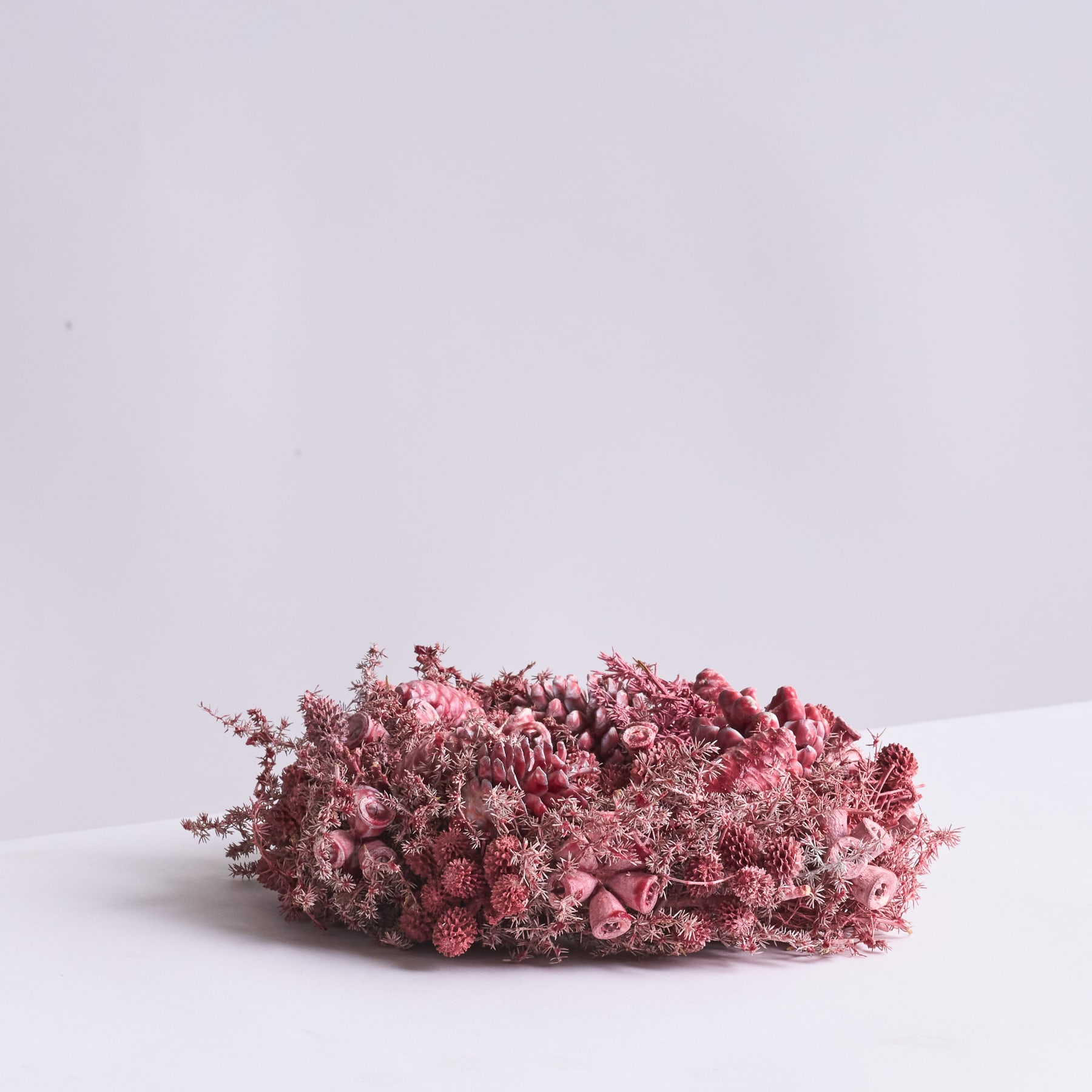 Ein leuchtender Strauß getrockneter Blumen in Rosa und Burgunderrot ruht auf einem schlichten weißen Hintergrund.