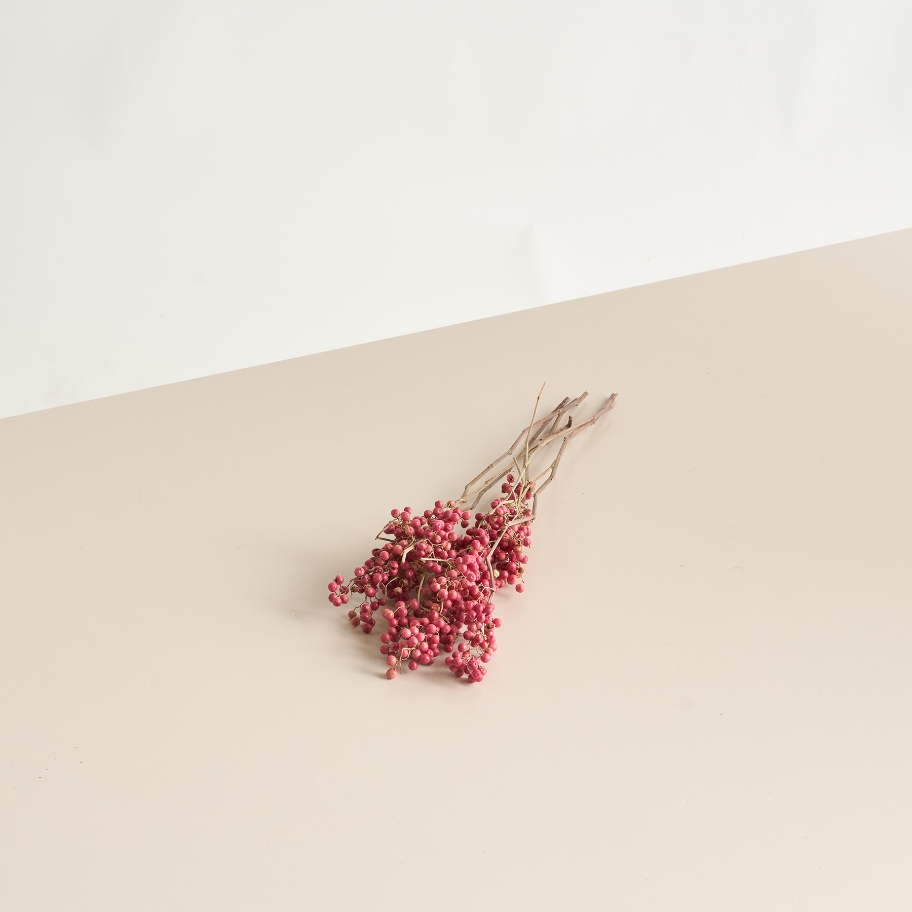 Auf einem schlichten, beigen Hintergrund liegt ein kleiner Strauß zarter, rosa Trockenblumen.