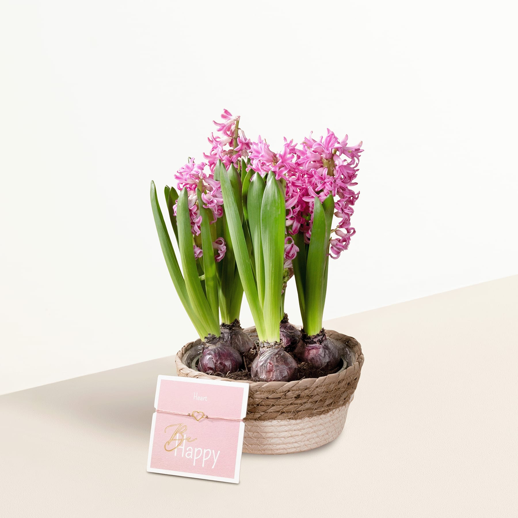Ein Korb voller leuchtend rosa Hyazinthenblüten, deren grüne Stiele und Blätter aus dem geflochtenen Behälter herausragen, steht auf einer hellen Oberfläche vor einem schlichten Hintergrund.
