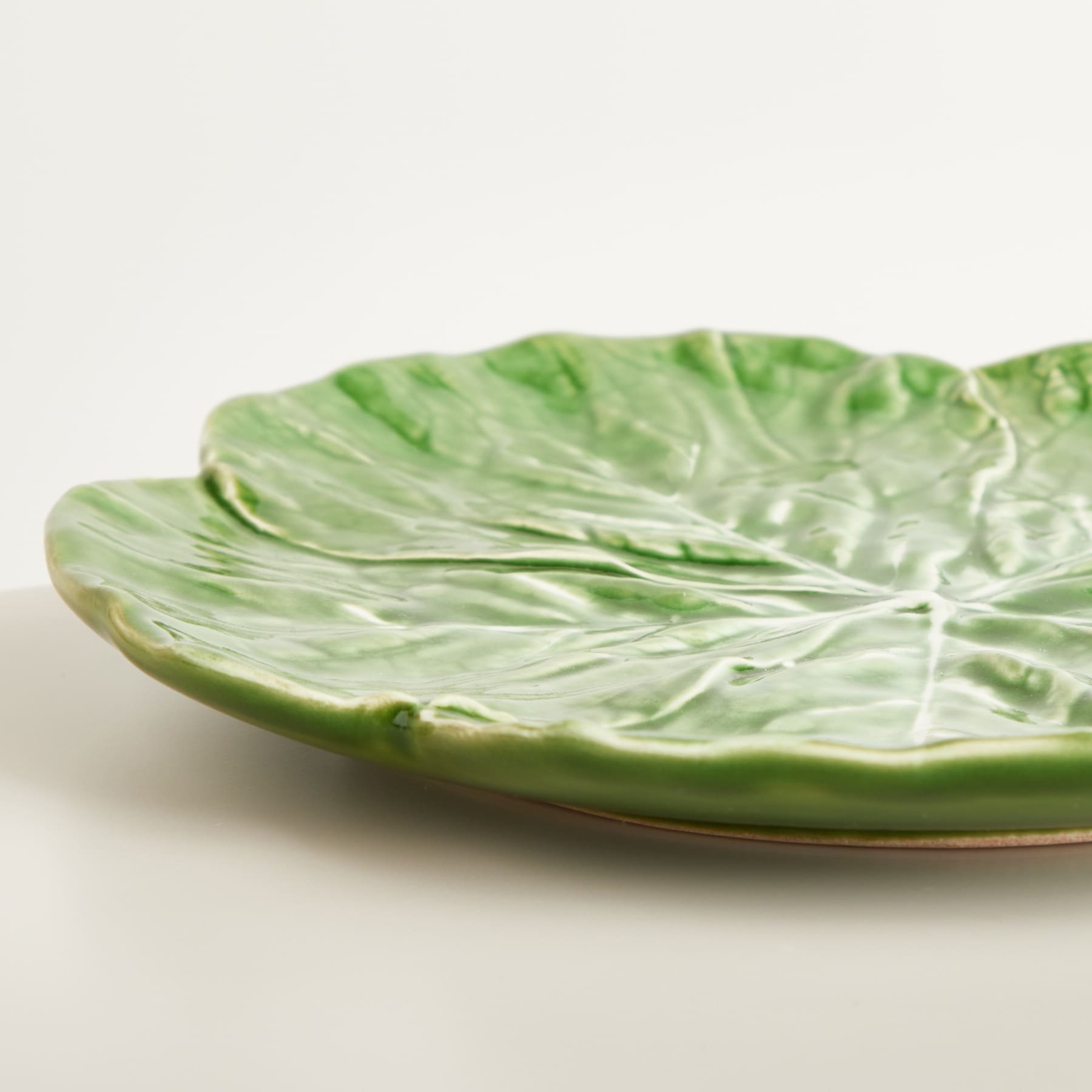 Ein grüner Keramikteller mit strukturiertem, blattähnlichem Design auf einem schlichten weißen Hintergrund.