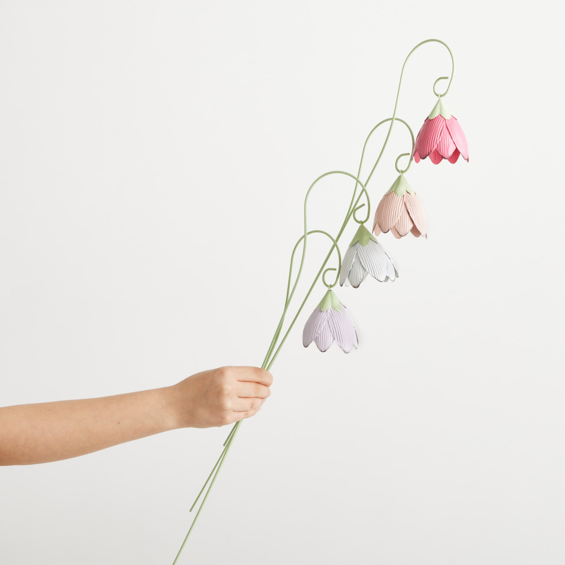Eine Hand hält einen Strauß zarter, pastellfarbener Tulpen vor einem schlichten weißen Hintergrund.