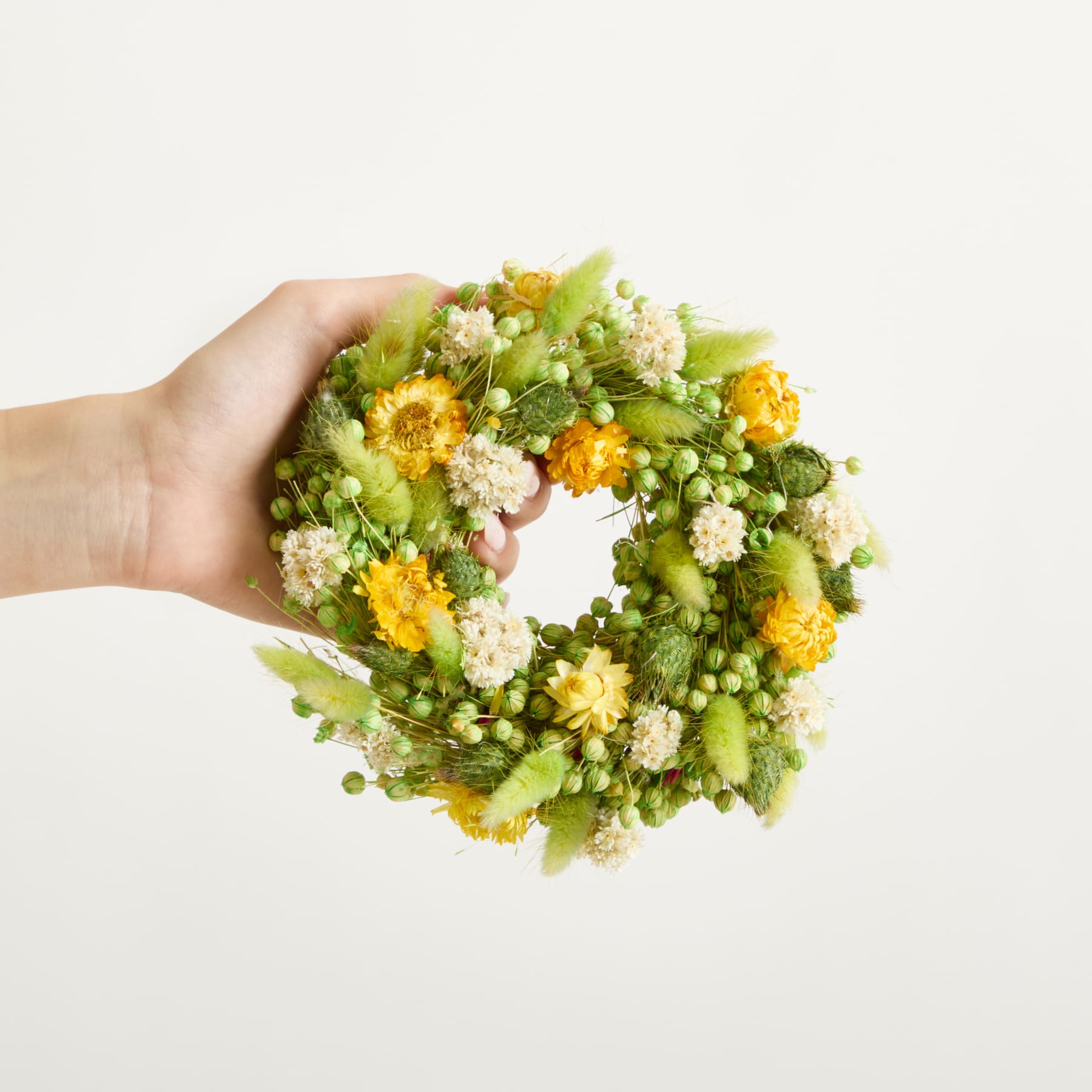 Ein leuchtend grüner und gelber Kranz aus verschiedenen Blumen und Blättern wird vor einem schlichten weißen Hintergrund in einer Hand gehalten.