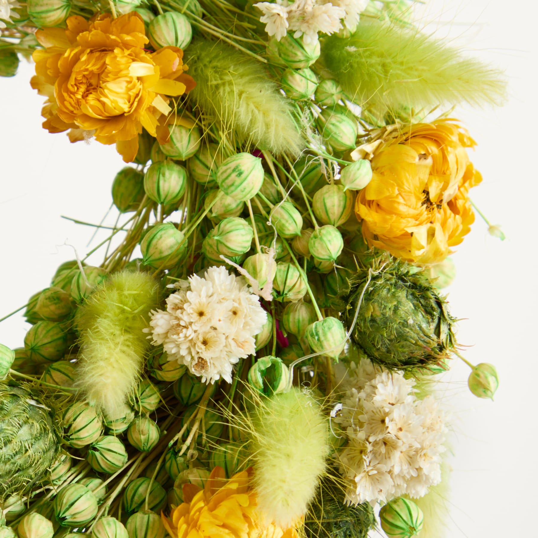 Ein leuchtender Strauß gelber und weißer Blumen, darunter Pfingstrosen und federleichtes grünes Laub, füllt den Rahmen vor einem hellen, klaren Hintergrund.