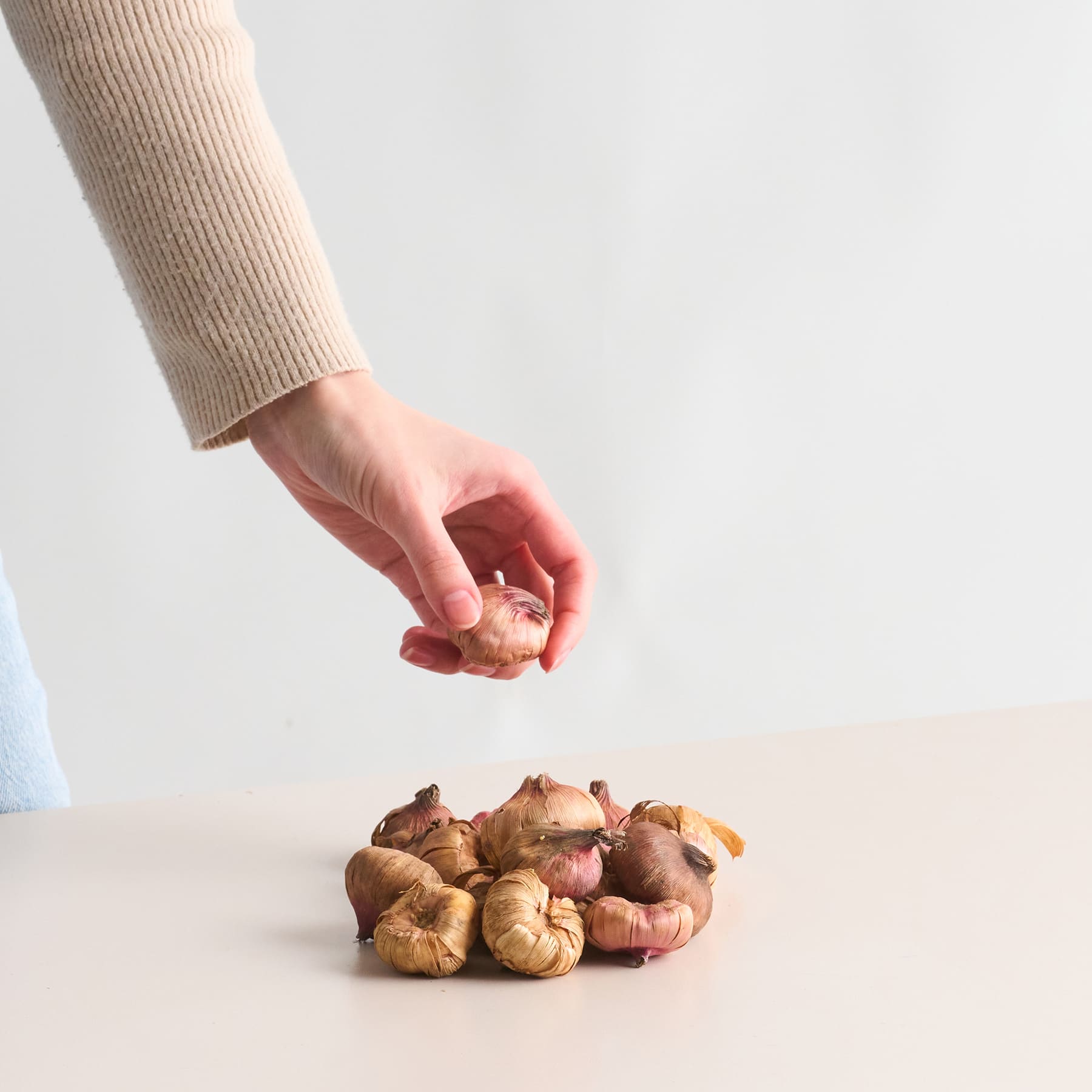 Eine Hand greift nach unten, um einen Stapel gerösteter Kastanien auf einer schlichten weißen Oberfläche aufzuheben.