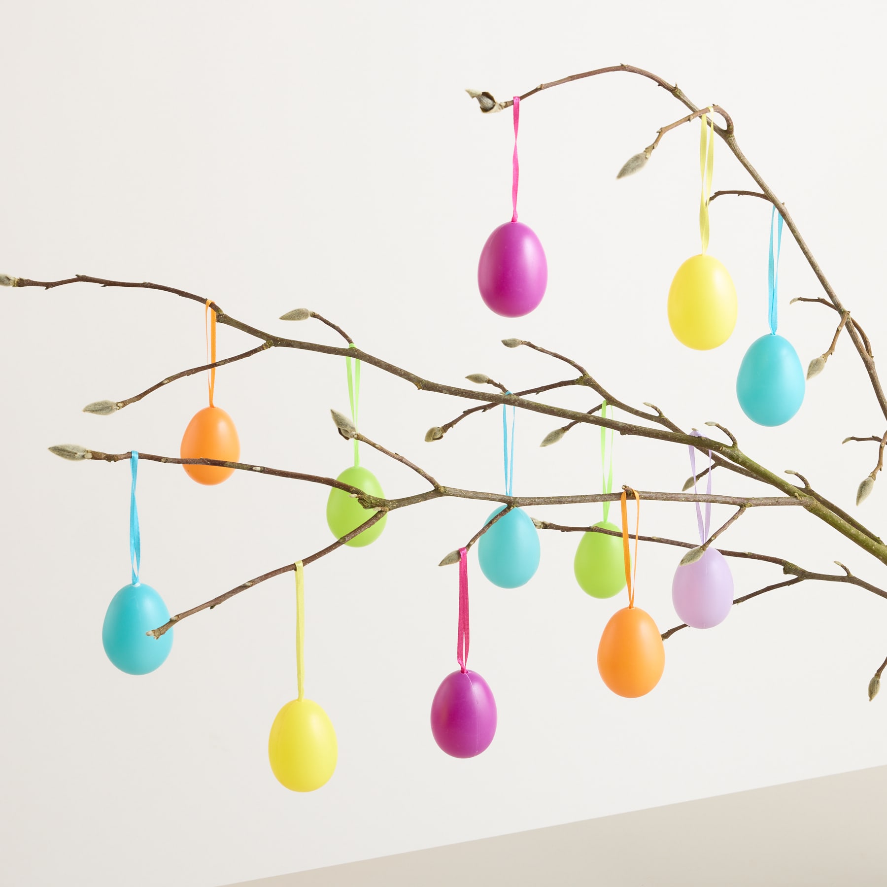 Bunte Ostereier in verschiedenen Pastelltönen hängen vor einem schlichten weißen Hintergrund an den kahlen Ästen eines Baumes.
