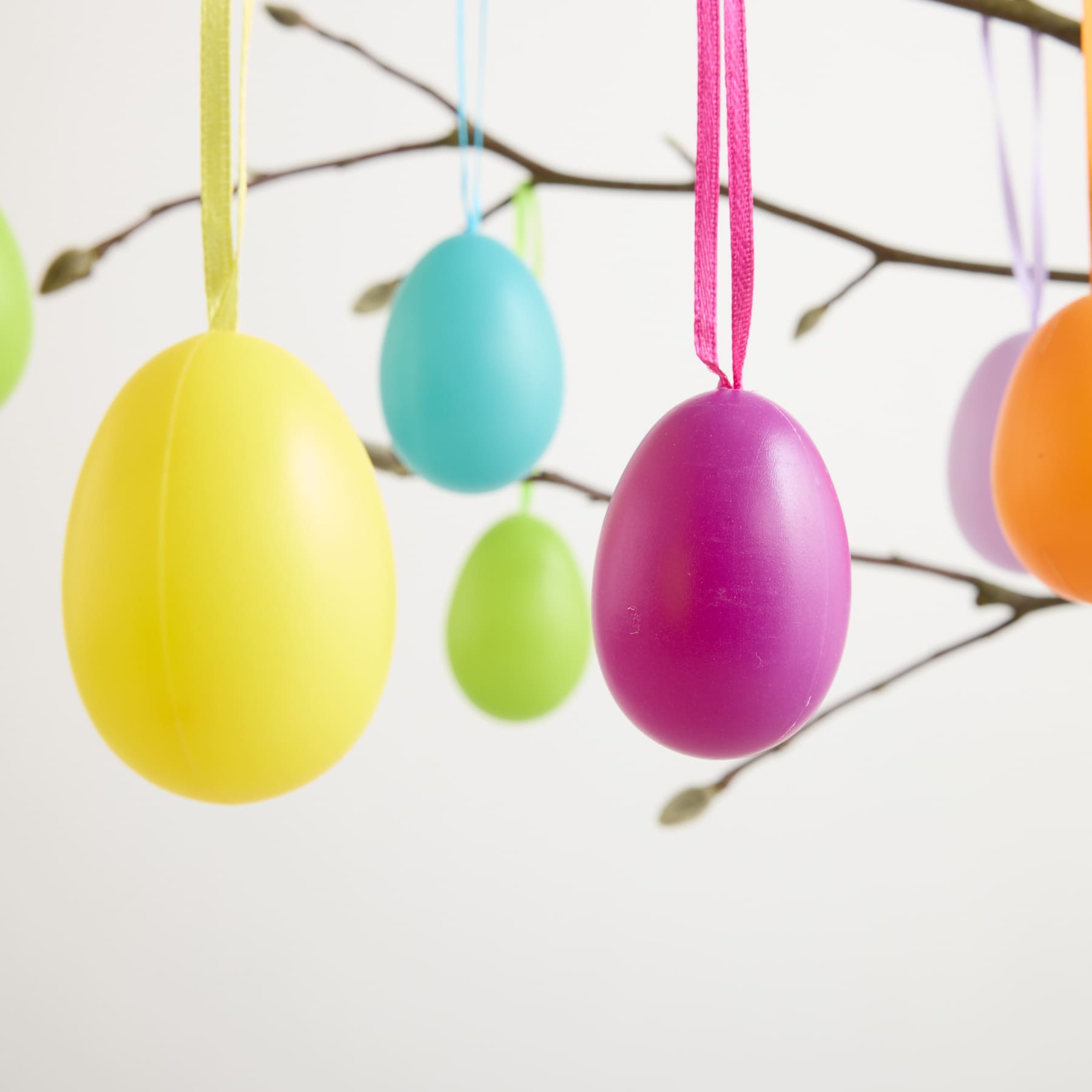 Bunte Ostereier in verschiedenen Gelb-, Grün-, Blau- und Rosatönen hängen vor einem schlichten weißen Hintergrund an den Zweigen eines Baumes.