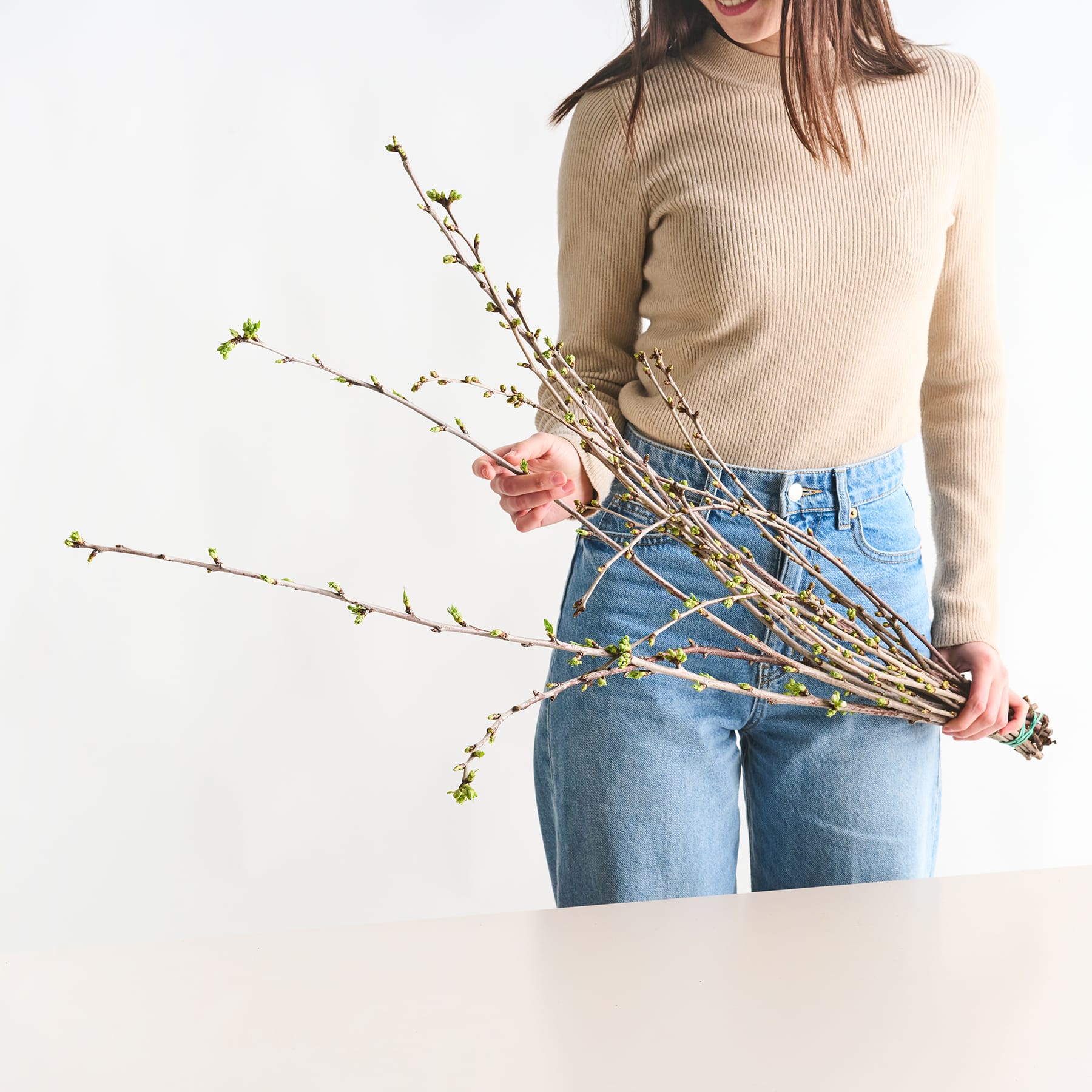 Eine junge Frau in einem beigen Pullover hält ein Bündel kahler Äste vor einem schlichten weißen Hintergrund.