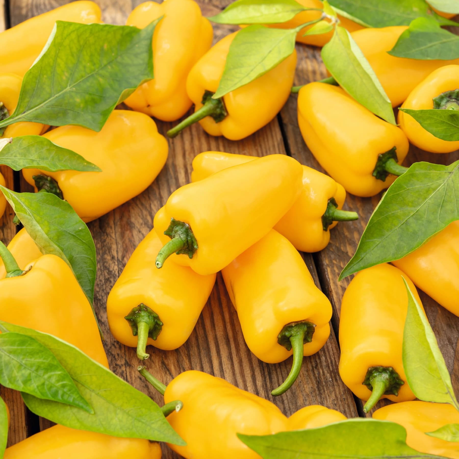 Eine Sammlung leuchtend gelber Paprika mit grünen Blättern, die auf einer Holzoberfläche liegen.