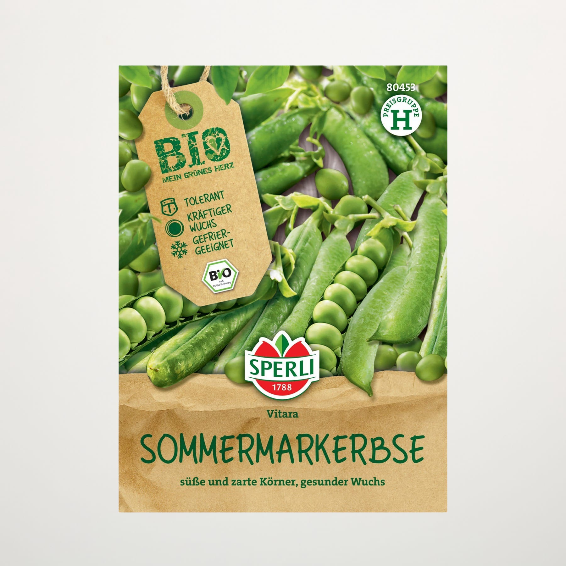 Das Bild zeigt eine Packung Bio-Sommererbsen mit einem grün-weißen Hintergrund, auf dem die Erbsenschoten zu sehen sind.