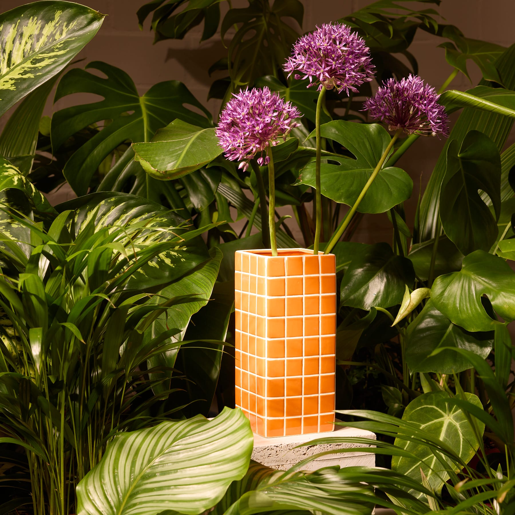 Eine leuchtend orangefarbene Vase mit Gittermuster hält einen Strauß lila Blumen vor einem neutralen Hintergrund.