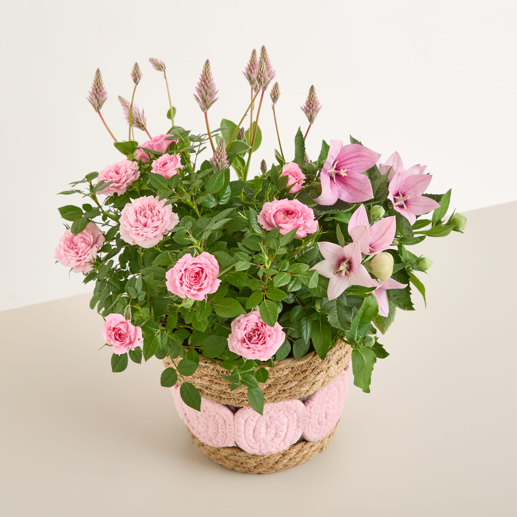 Ein lebendiger Strauß aus rosa Rosen, Hibiskus und anderen üppigen Grünpflanzen, arrangiert in einem geflochtenen Korb vor einem schlichten, hellen Hintergrund.