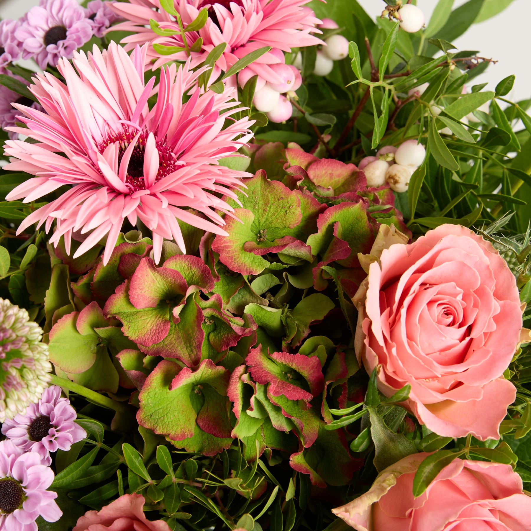 Ein lebendiger Strauß rosa und violetter Blumen, darunter Gerbera und Rosen, vor dem Hintergrund üppiger grüner Blätter.