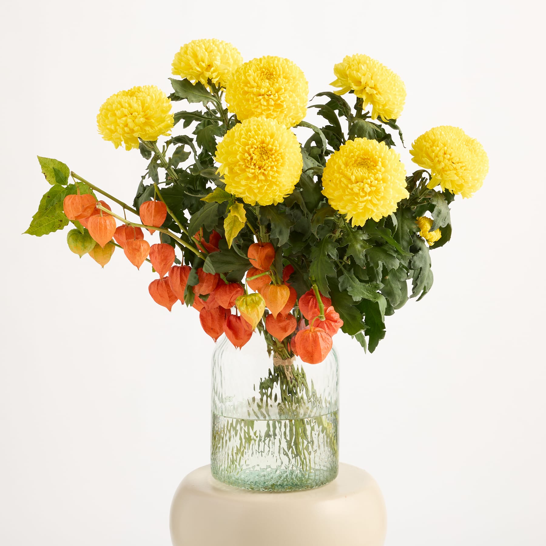 Ein Strauß leuchtend gelber Chrysanthemen und orangefarbener Lampionblumen, arrangiert in einer Glasvase vor einem schlichten weißen Hintergrund.