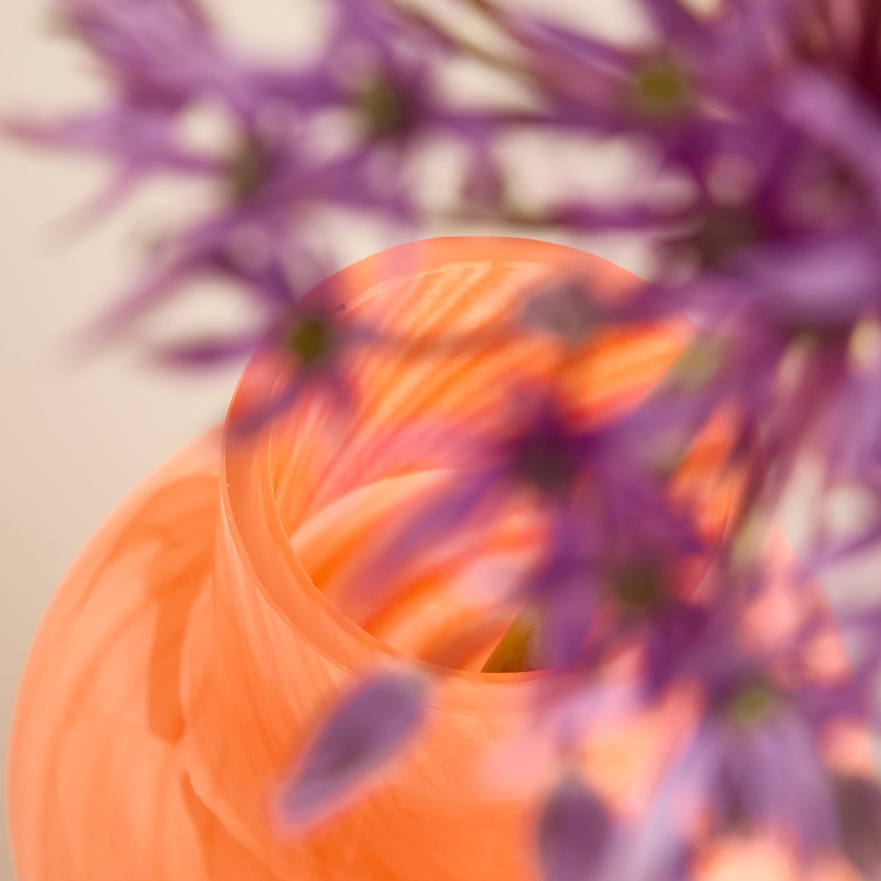 Eine leuchtend orangefarbene Glasvase mit zarten violetten Blumen steht vor einem weichen, neutralen Hintergrund.