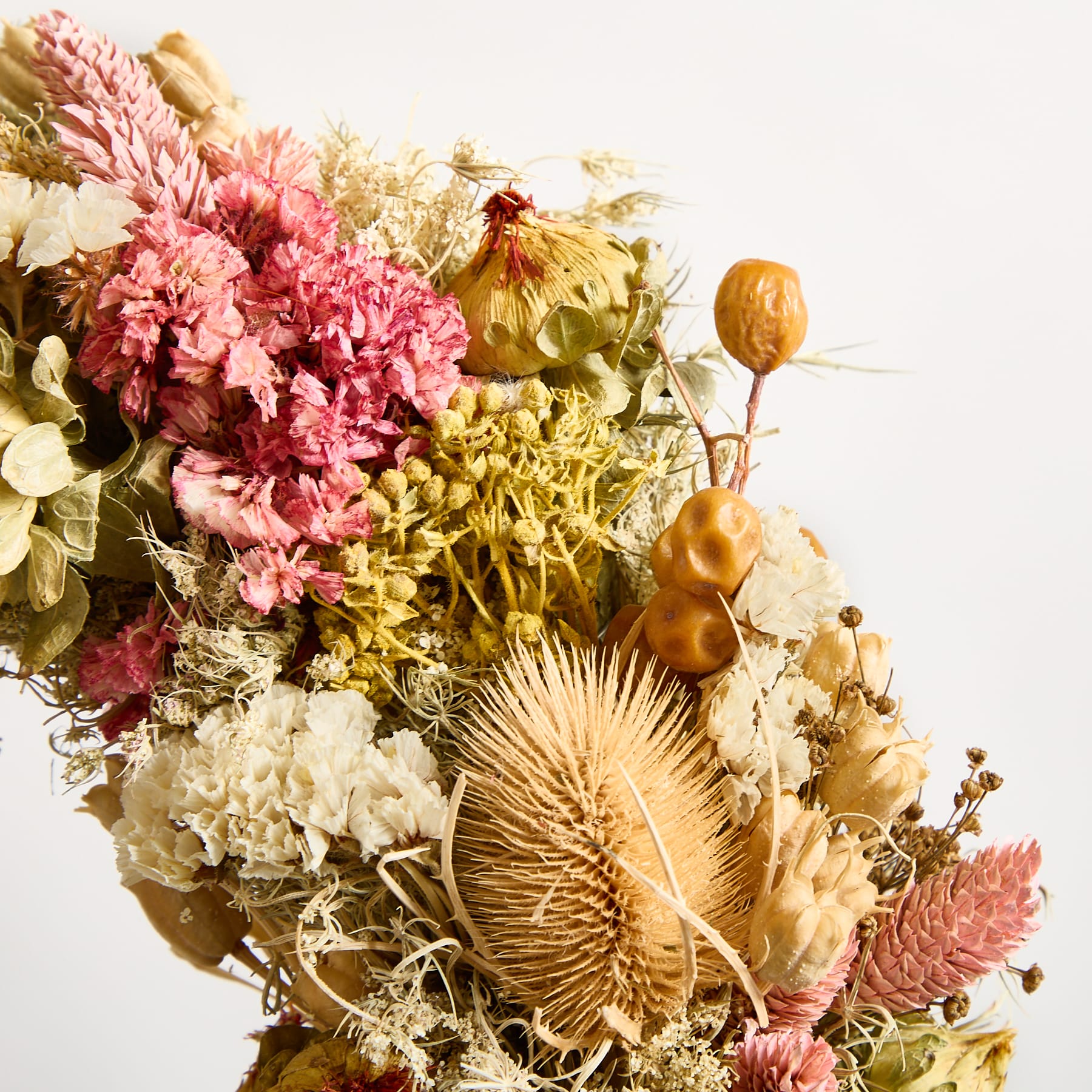 Ein lebendiger und vielfältiger Blumenstrauß, darunter rosa Nelken, gelbe Chrysanthemen und eine auffällige Trockenblume mit fächerartiger Struktur, vor einem schlichten weißen Hintergrund.