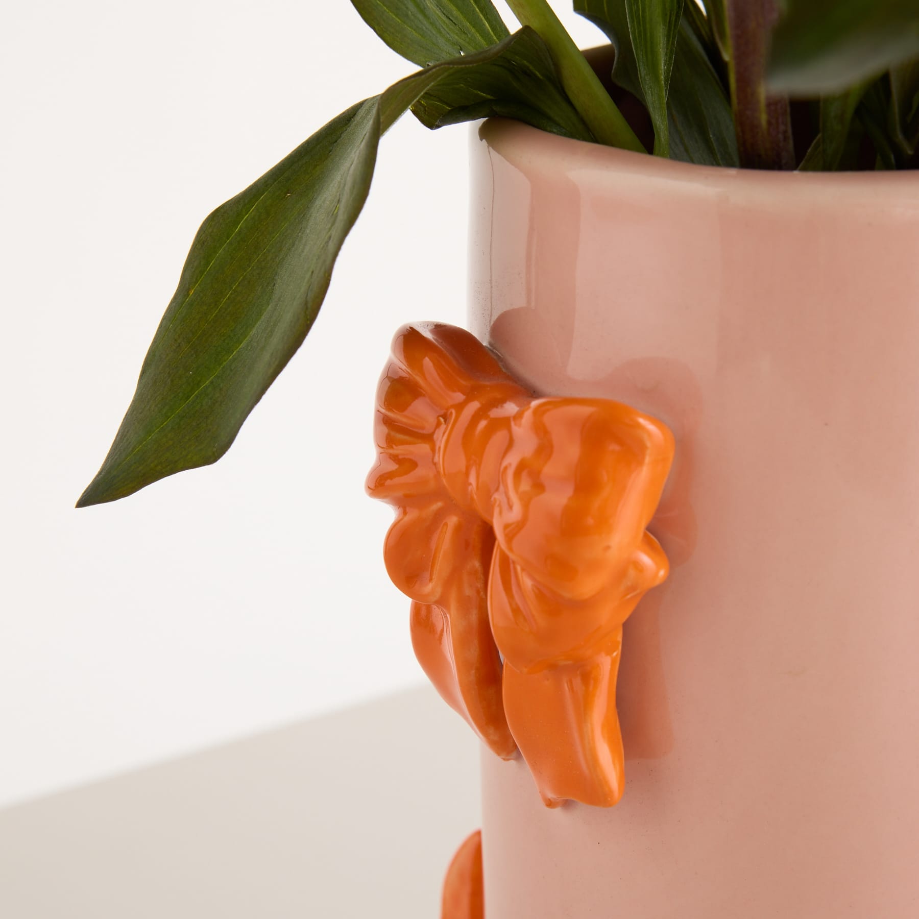 Eine leuchtend orangefarbene Blume mit zarten Blütenblättern wächst aus einem rosa Keramiktopf vor einem schlichten weißen Hintergrund.