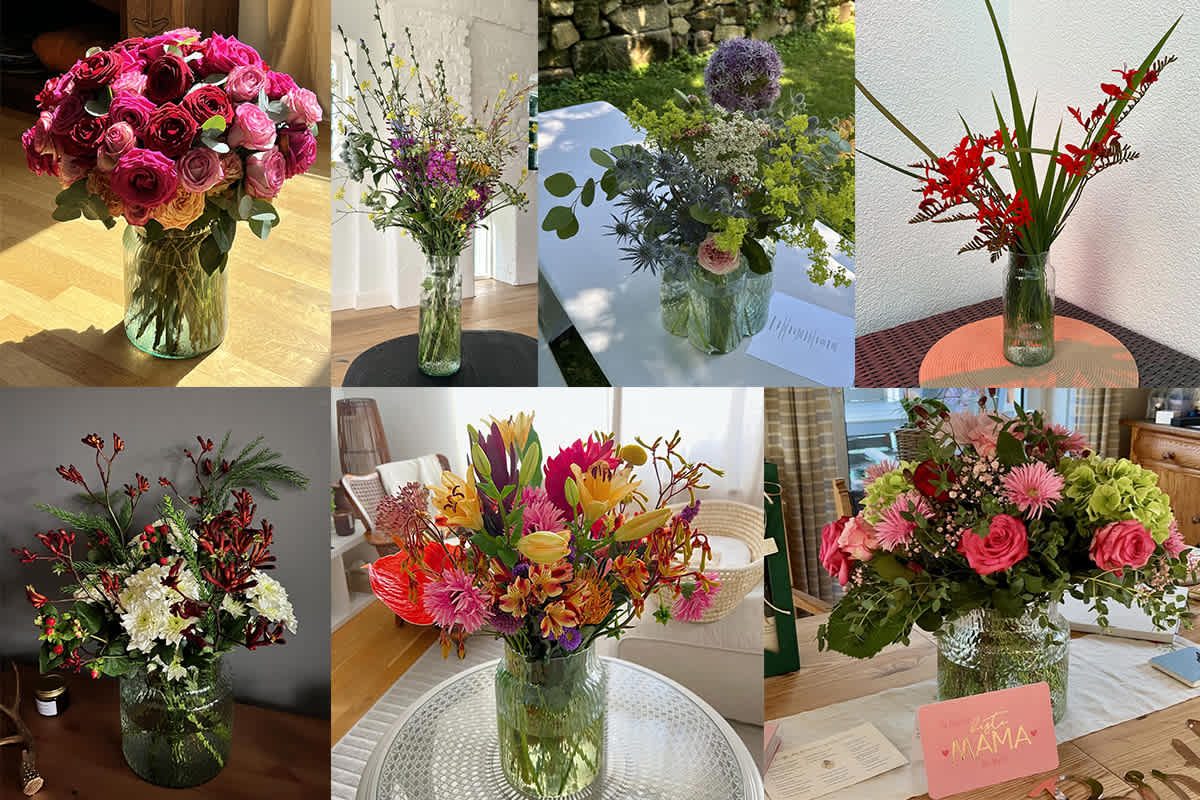 Eine Collage aus verschiedenen lebendigen und farbenfrohen Blumenarrangements, darunter Sträuße aus Rosen, Lilien und anderen Blumen, die in verschiedenen Vasen und Umgebungen präsentiert werden.