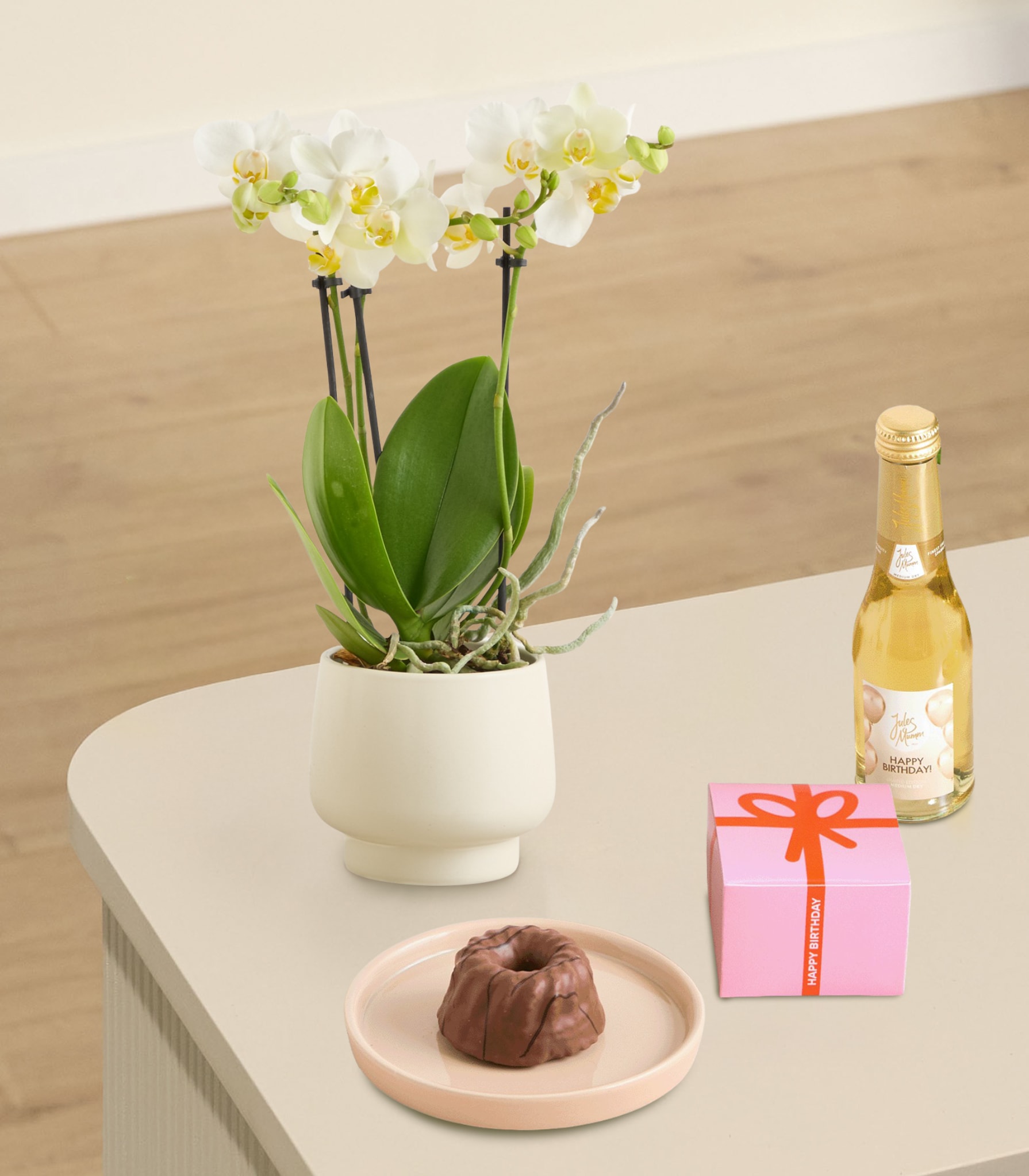 Auf einer Holzoberfläche steht eine Orchidee im Topf mit zarten gelben Blüten, dazu eine kleine Geschenkbox und eine Flasche, die wie Champagner oder Sekt aussieht.