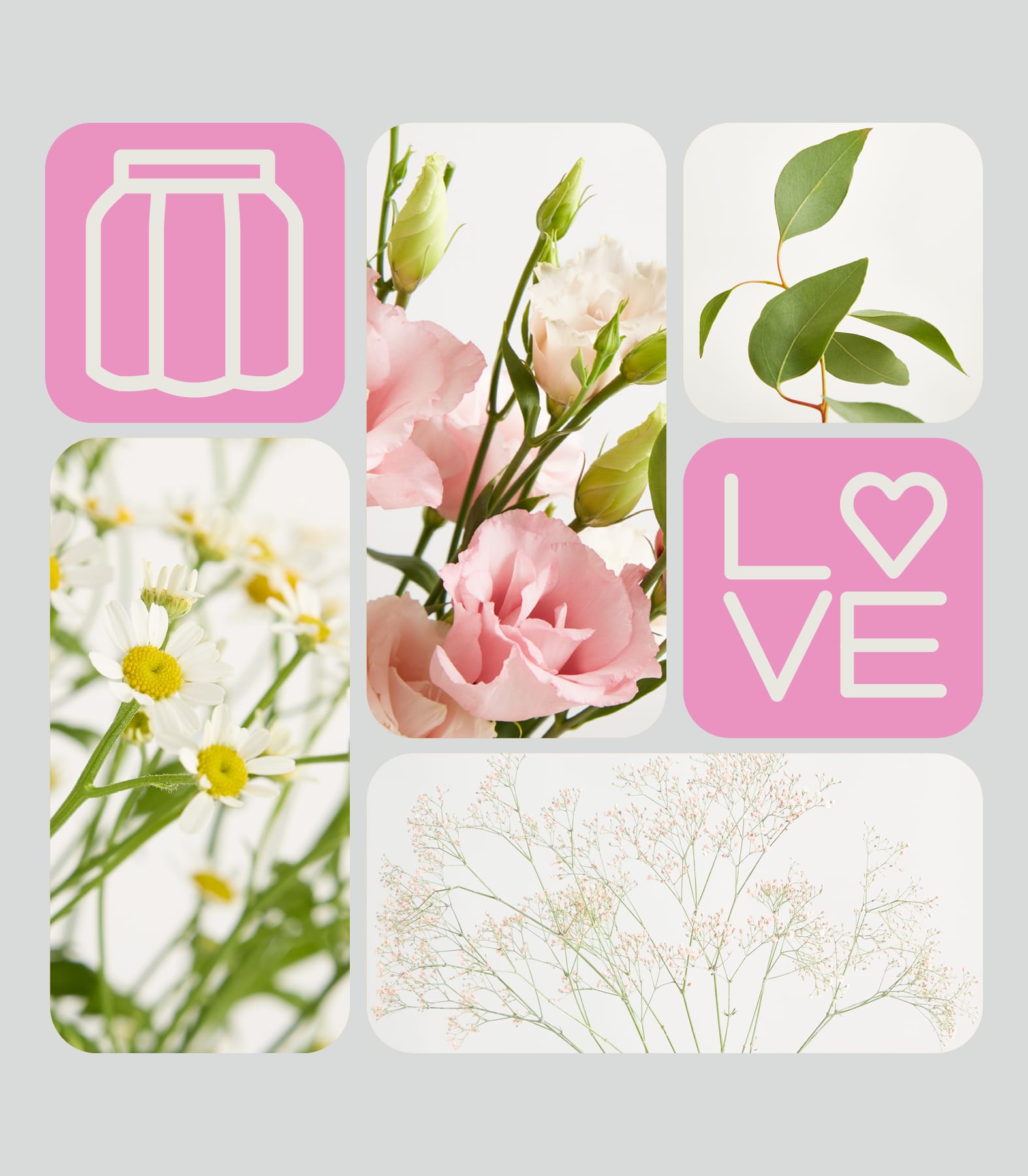 Eine Collage aus floralen Elementen und grafischen Symbolen, darunter rosa Rosen, weiße Gänseblümchen und das Wort „LOVE“, ist vor einem sanften, hellen Hintergrund angeordnet.