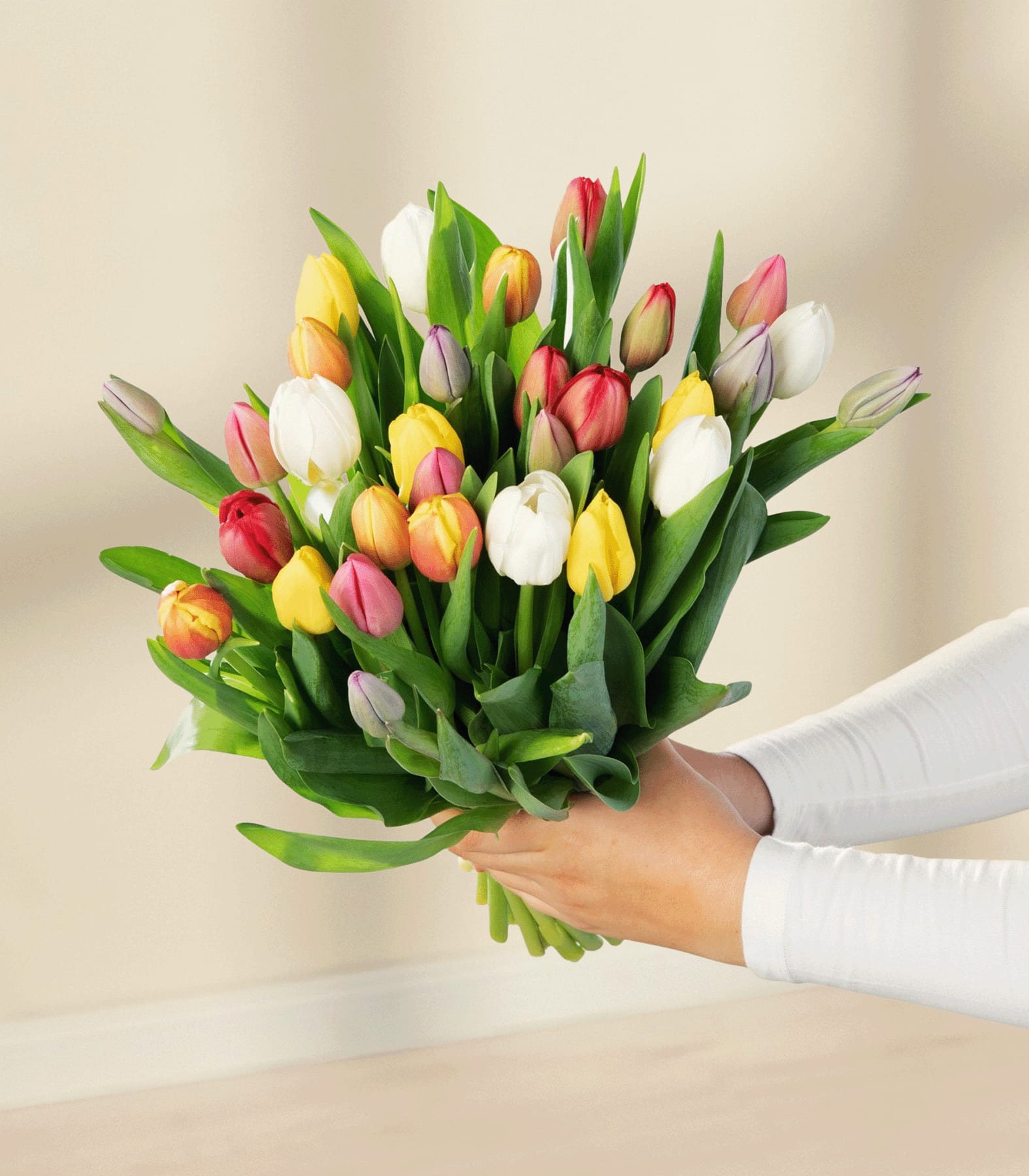 Eine junge Frau in weißem Hemd und Jeans hält einen leuchtenden Strauß bunter Tulpen vor einem schlichten weißen Hintergrund.
