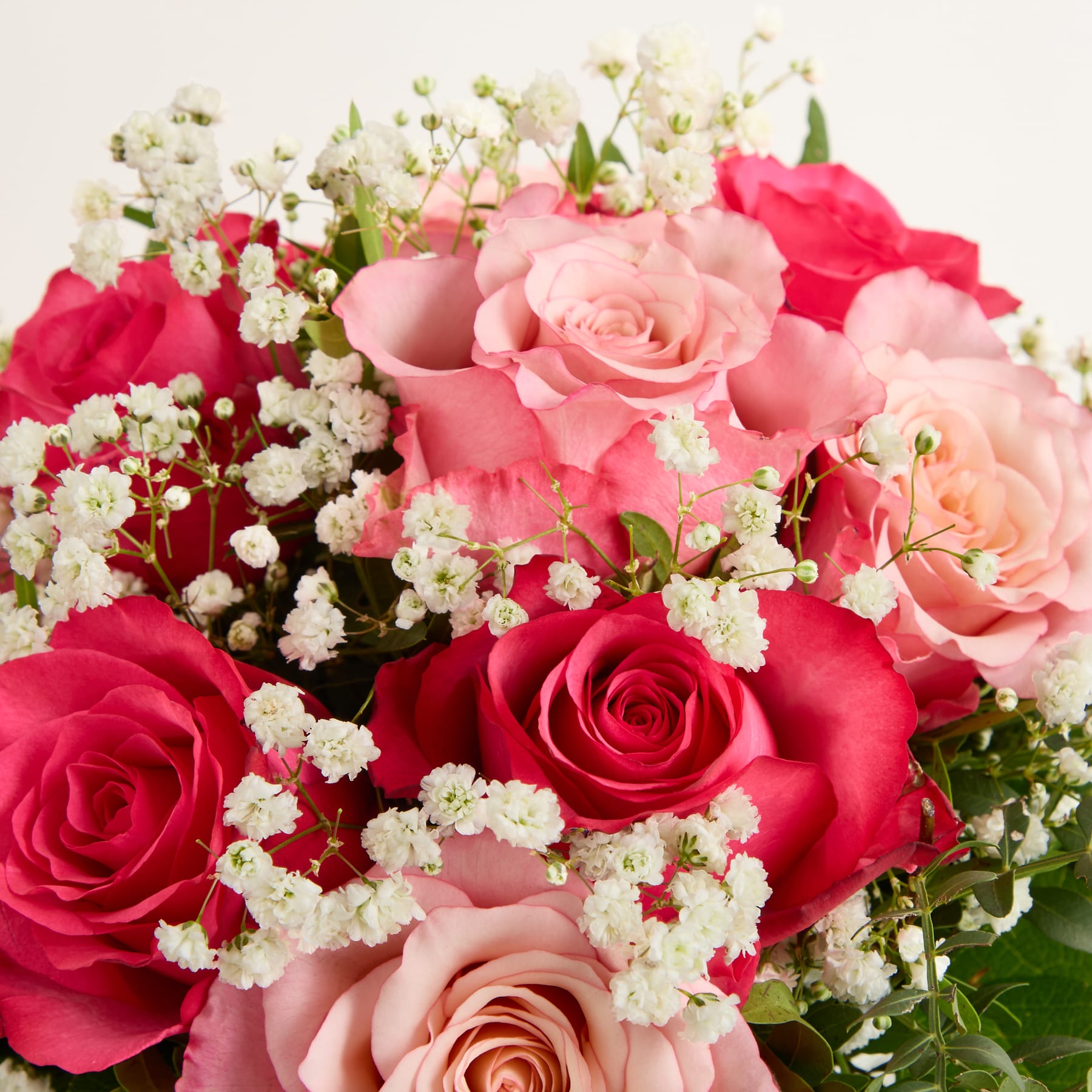 Eine Hand hält einen wunderschönen Strauß leuchtend rosa und roter Rosen, Schleierkraut und anderer zarter Blumen, die in einer Glasvase vor einem schlichten, hellen Hintergrund arrangiert sind.