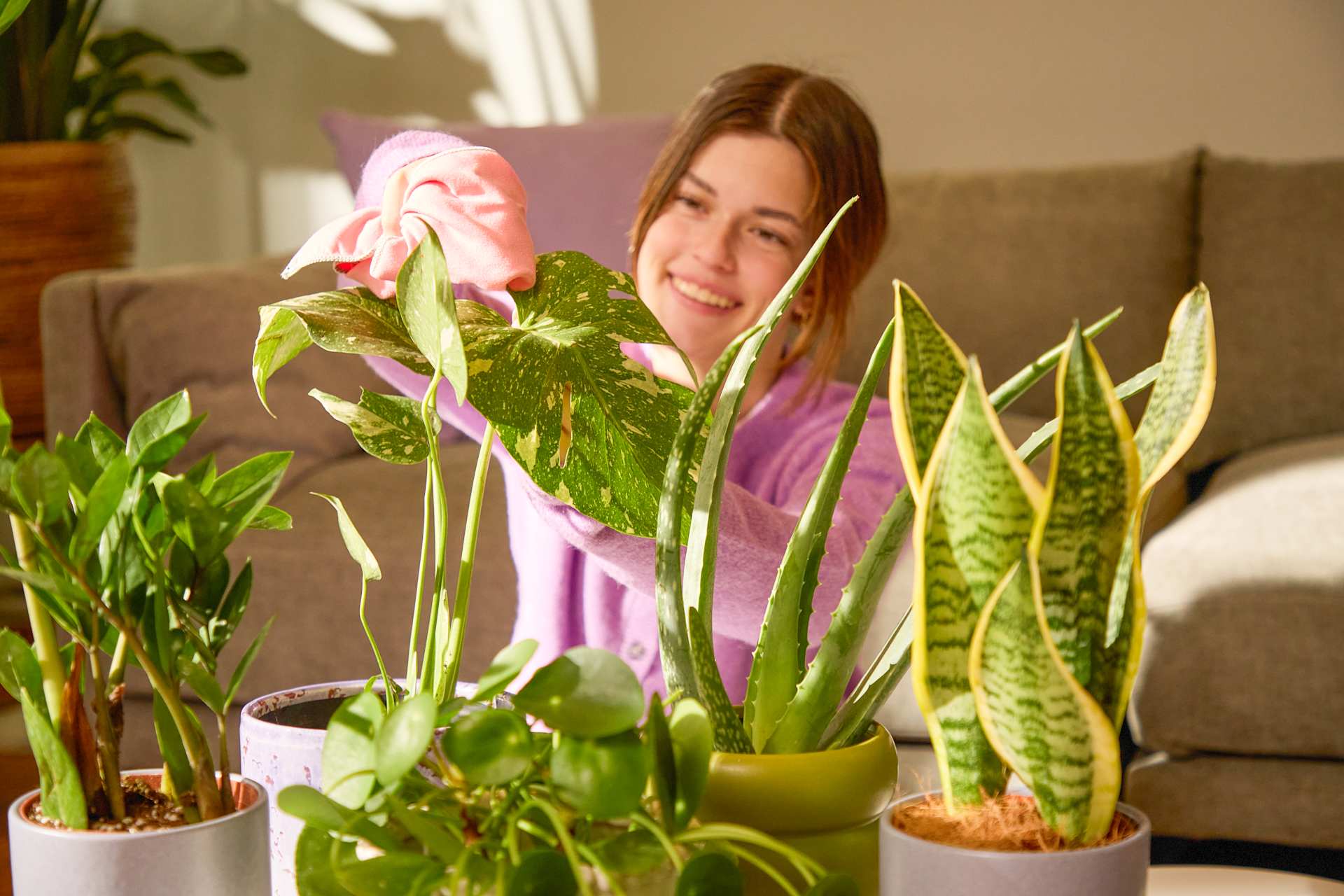 Eine junge Frau mit langen braunen Haaren ist in einer gemütlichen Inneneinrichtung von verschiedenen Topfpflanzen umgeben, darunter eine große rosa Blume.