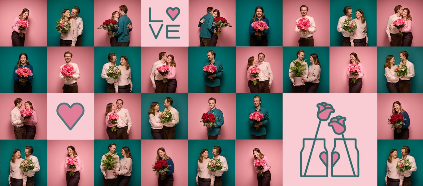 Eine Collage von Menschen, die mit Blumensträußen vor einem leuchtend pinken und türkisfarbenen Hintergrund posieren, wobei das Wort „LOVE“ und ein herzförmiges Symbol prominent dargestellt sind.